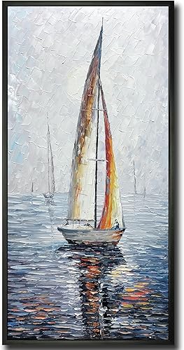 V-inspire Arte, 24 x 48 pulgadas, moderno marco abstracto pintado a mano, pinturas al óleo, barco de vela en el mar, lienzo acrílico, pintura para