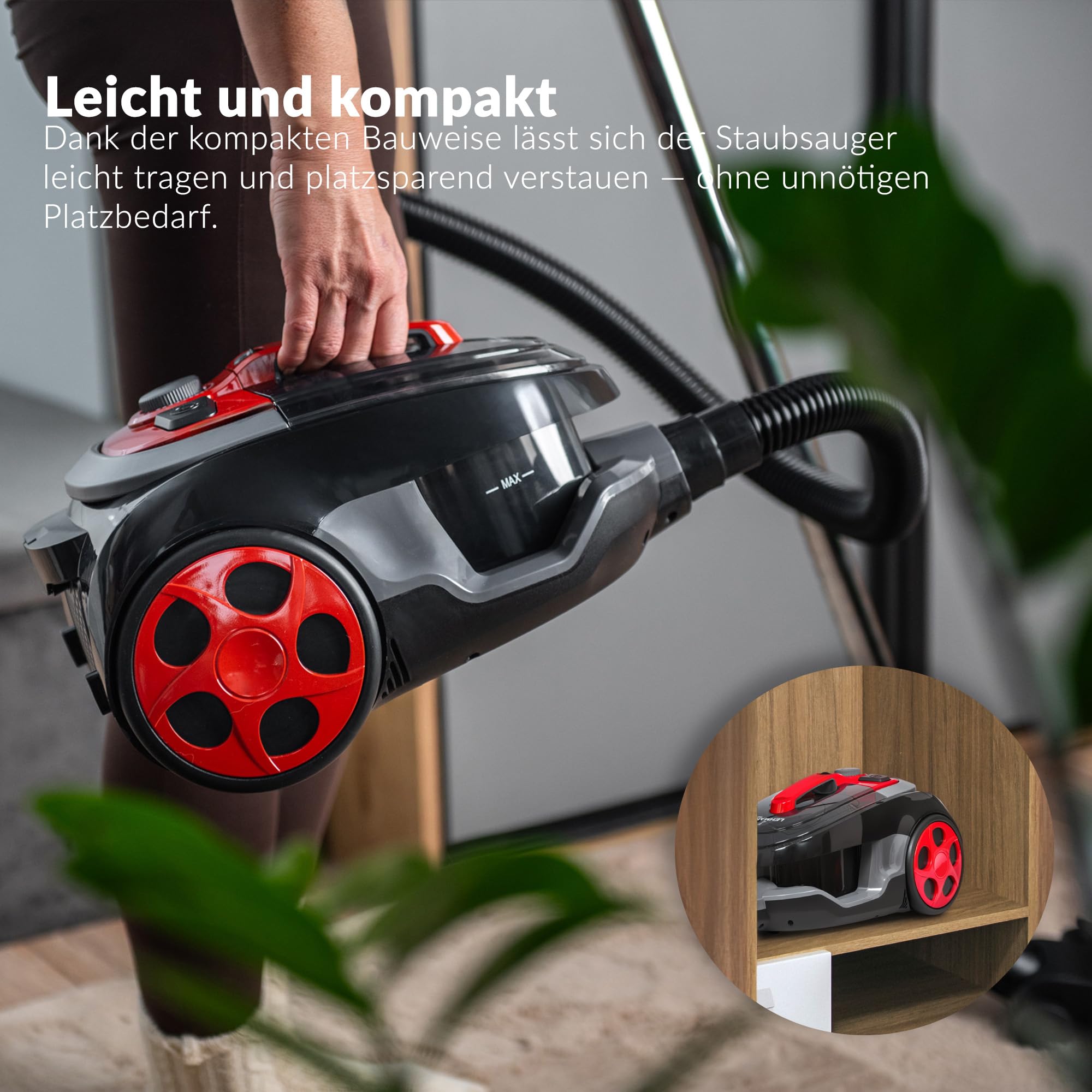 Lehmann Zyklon Staubsauger beutellos, Schwarz | leistungsstark Zyklontechnologie, Staubbehälter 2,5L, Doppelfiltration, HEPA Filter, 5 Düsensatz, Turbobürste