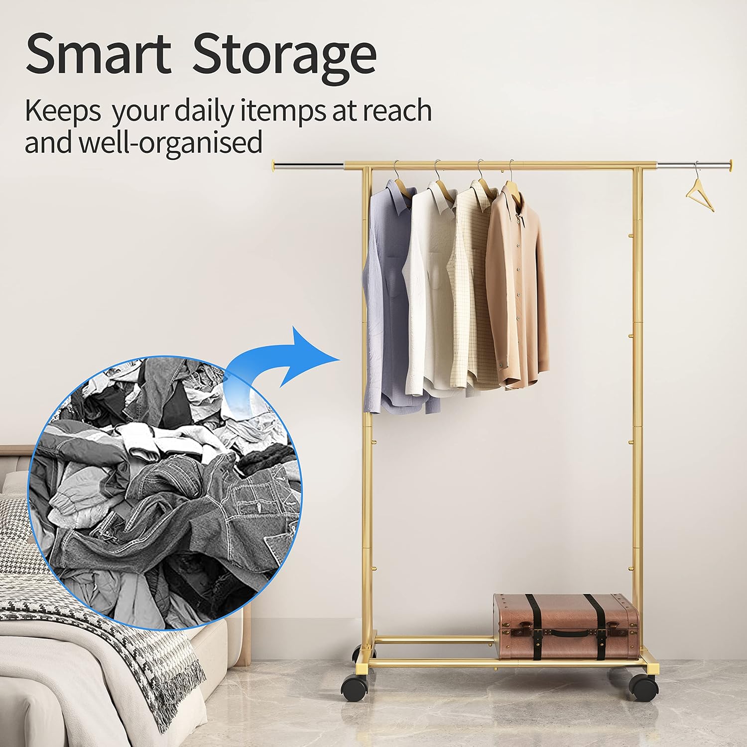Simple Trending Clothing Garment Rack, Rolling Clothes Rack on Wheels, Golden Yellow