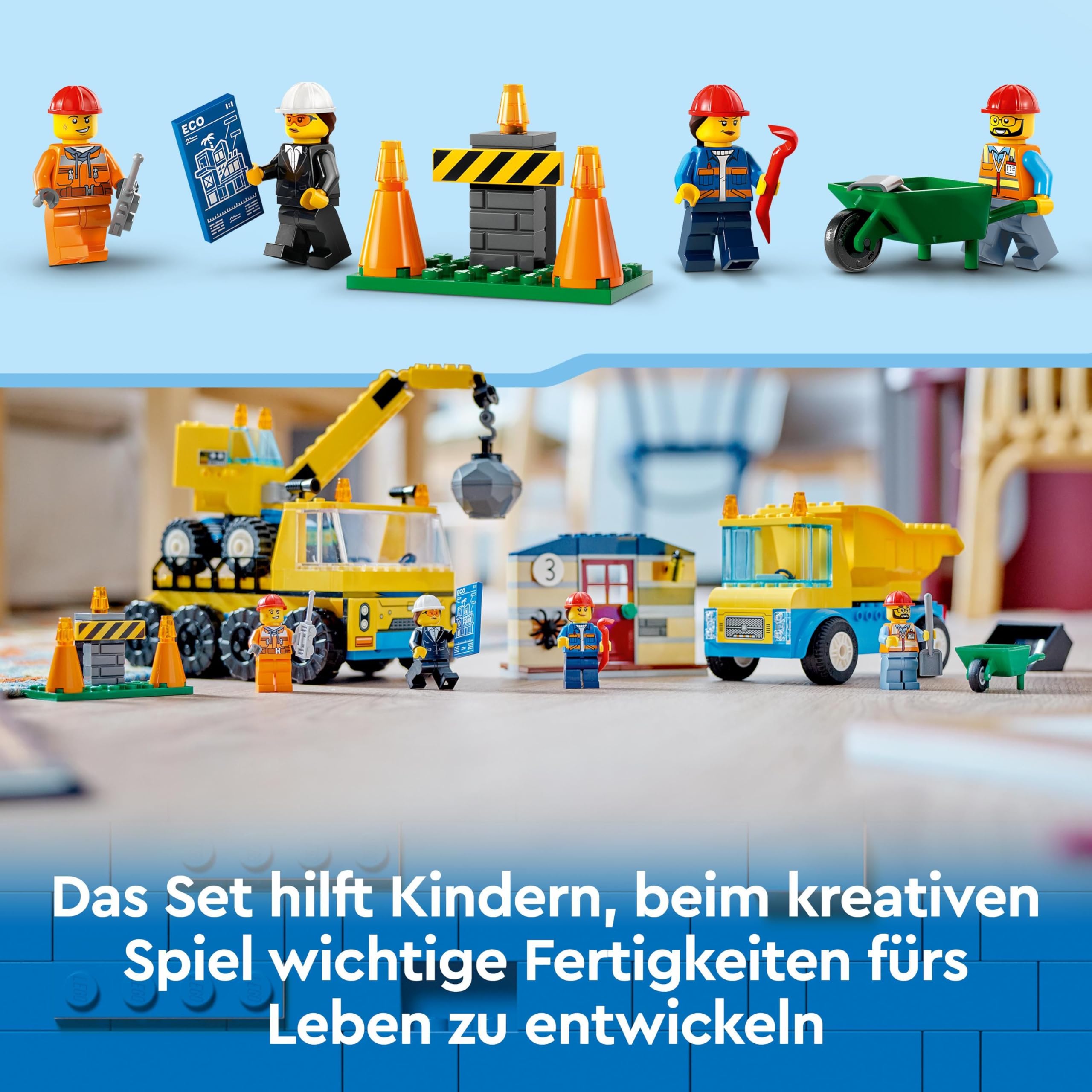 LEGO 60391 City Baufahrzeuge und Kran mit Abrissbirne, Spielzeug mit Bagger, Kipper und Transportfahrzeugen, Lernspielzeug für Kleinkinder ab 4 Jahren