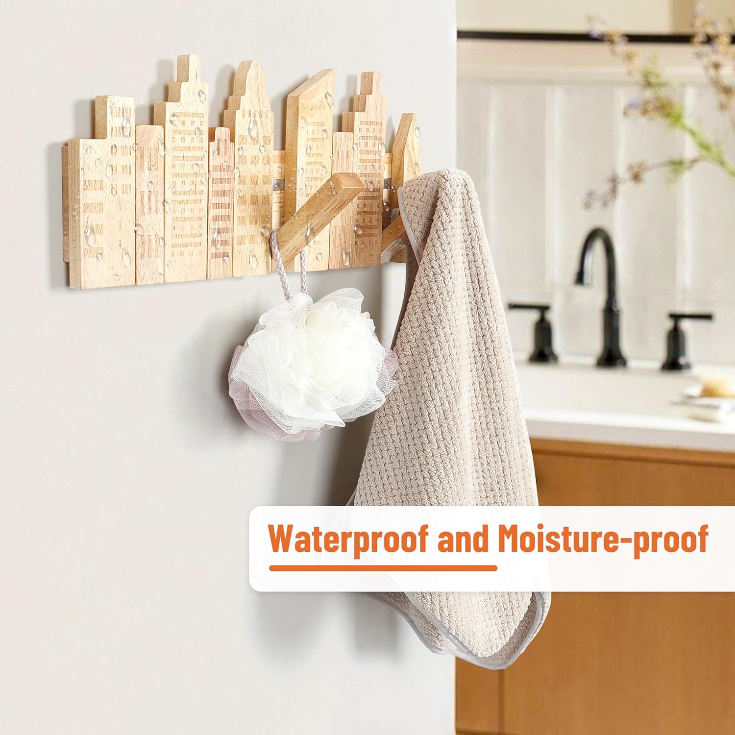Modern Folding Coat Rack : Decorative Wooden Wall Hooks 5 Hooks 16-Inch City Skyline Mounted for Small Entryway Kid's Room Bathroom for Hanging T-Shirt Hats Towels Backpacks