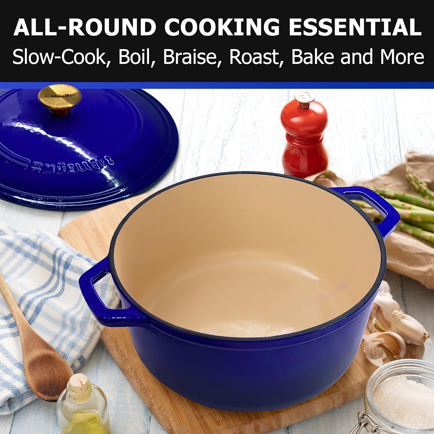 Mueller DuraCast 6 Quart Enameled Cast Iron Dutch Oven Pot with Lid, Heavy-Duty Casserole Dish, Braiser Pan, Stainless Steel Knob, for Braising, Stews, Roasting, Baking, Safe across All Cooktops, Blue