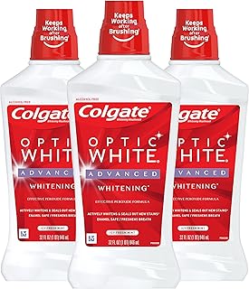 Colgate Optic White Alcohol Free Whitening Mouthwash, 2% Hydrogen Peroxide, Fresh Mint - 946mL, 32 Fl Oz (Pack of 3)