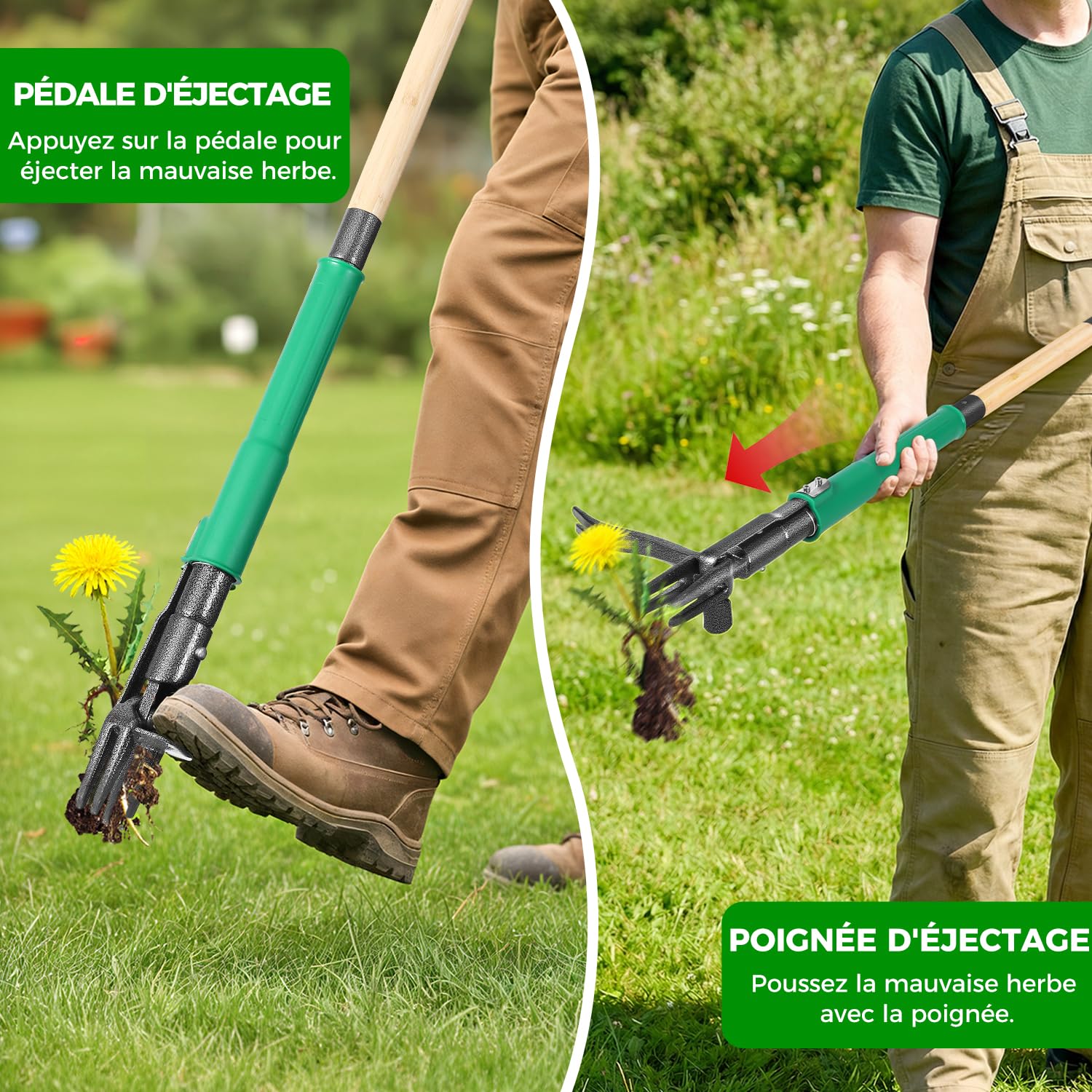 Désherbeur Manuel avec 2 Éjecteurs de Mauvaises Herbes, 1.1m Arrache Pissenlit, Manche en Bambou Véritable, 4 Griffes en Métal et Pédale, Outillage de Désherbage pour Le Jardin