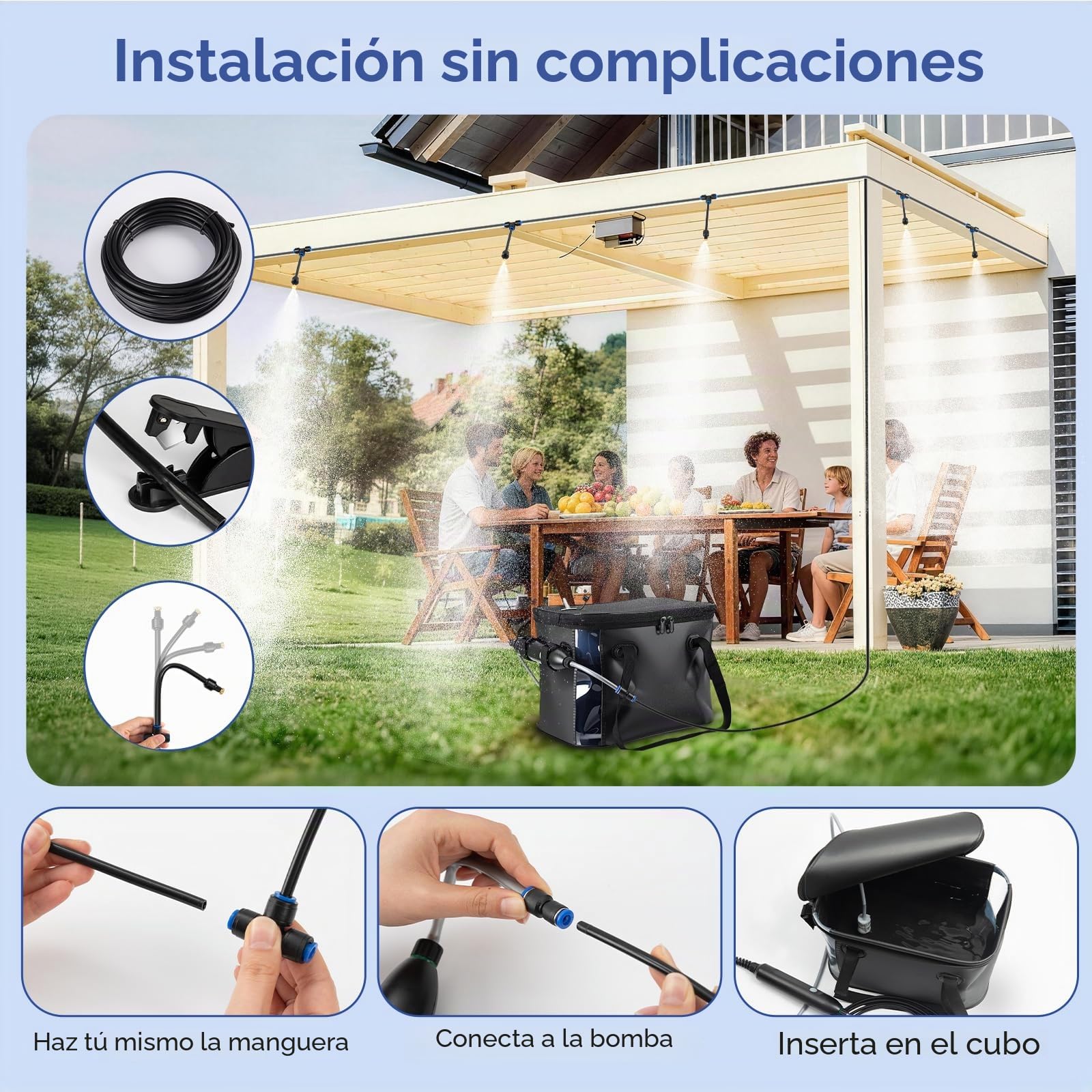 Sistema de rociado portátil para terraza exterior – Neblina para enfriamiento de terraza, sistema de neblina portátil con bomba de agua de 4500 mAh, cubo de 20 l, 8 boquillas, neblina de agua para