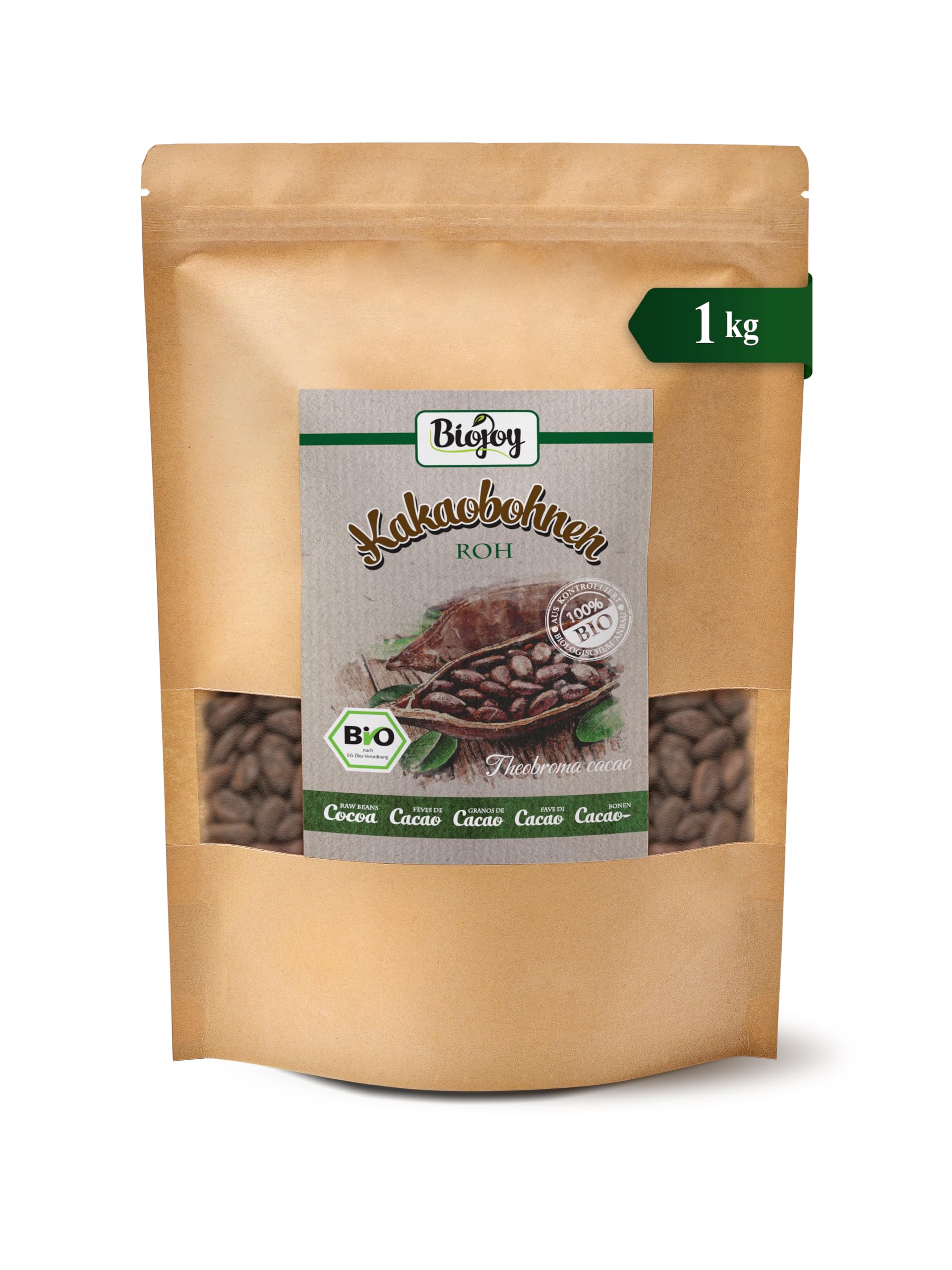 Biojoy BIO-Ziarna kakaowca 1 kg surowe całe bez dodatku cukru Theobroma cacao