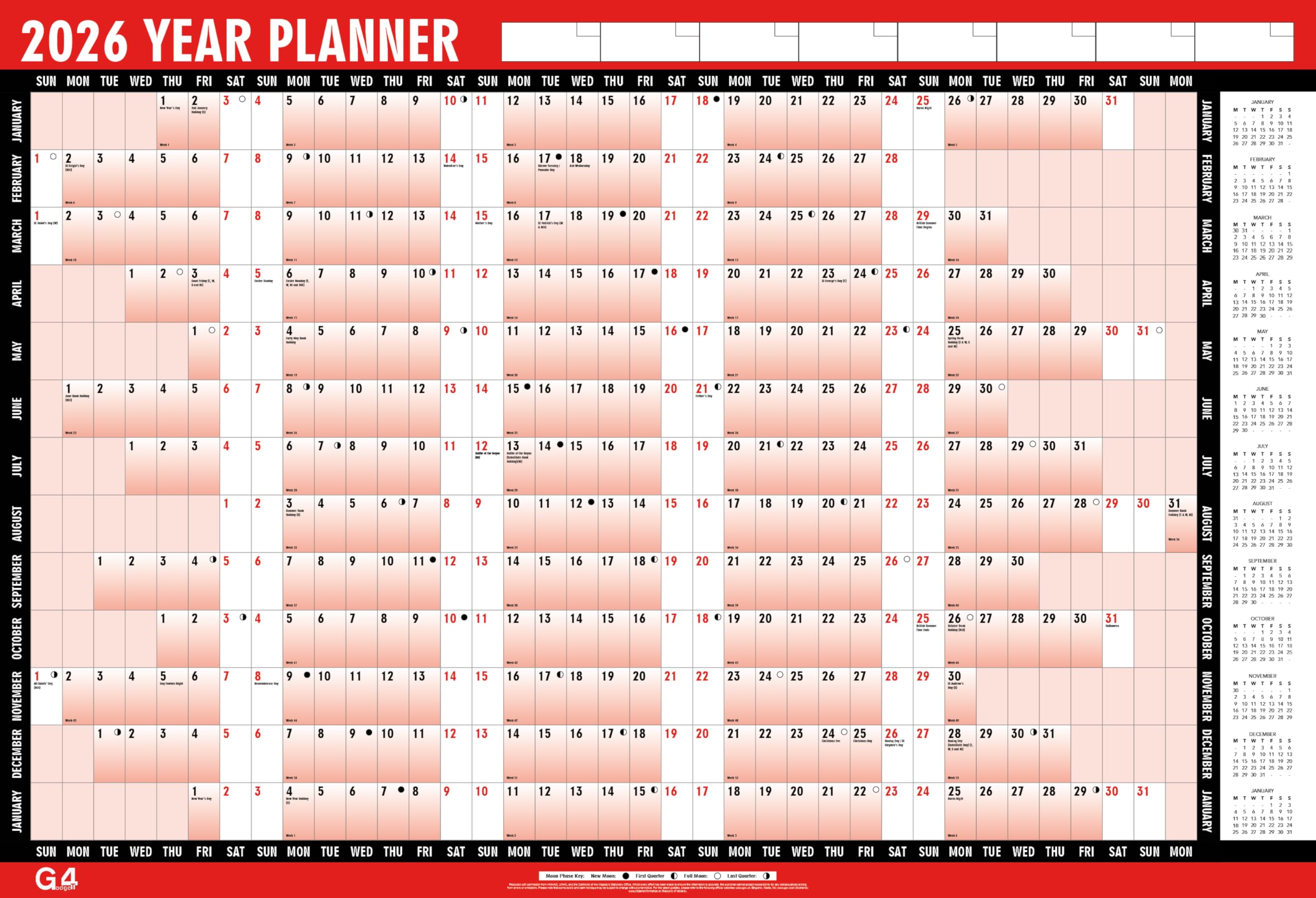 G4GADGET 2026 Year Planner Wall Planner Calendar A1 - Large 85cm x 58cm Laminated Wall Calendar, Unmounted with Stickers and Dry Wipe Pen, Ideal for Office, Home, School & Business Planning