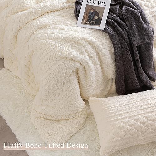 Miniatura 8 de COTTEBED Juego de edredón reversible Sherpa tamaño Queen, juego de ropa de cama bohemio copetudo tamaño matrimonial, ultra suave, ligero, de algodón