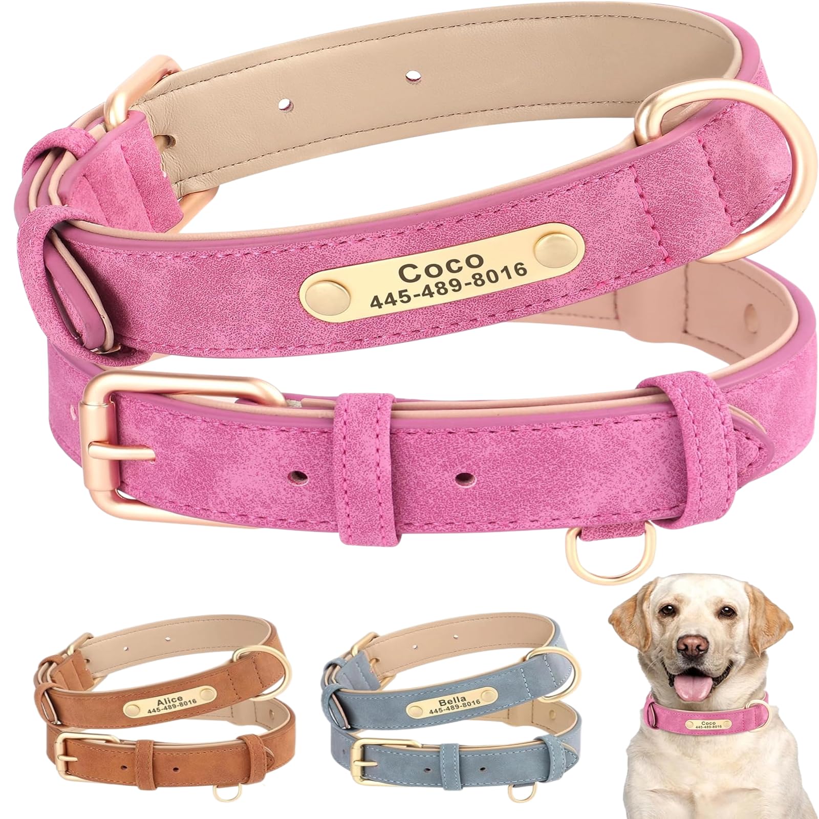 SEOUGEE Personalised Leather Dog Collar, Soft Padded Leather Dog Collars Heavy Duty with Custom Engraved Name Plate Adjustable for Small Medium Large Dogs (S, Rose 23-32cm) — image 1