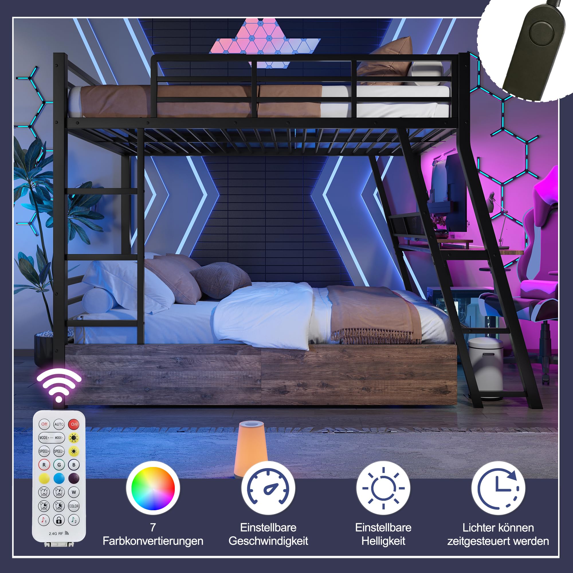 Letto a Soppalco 140x200 cm con LED e cassetti, Letto matrimoniale con scrivania, Letto Bambini con scala e ringhiera, Nero(Senza Materasso)