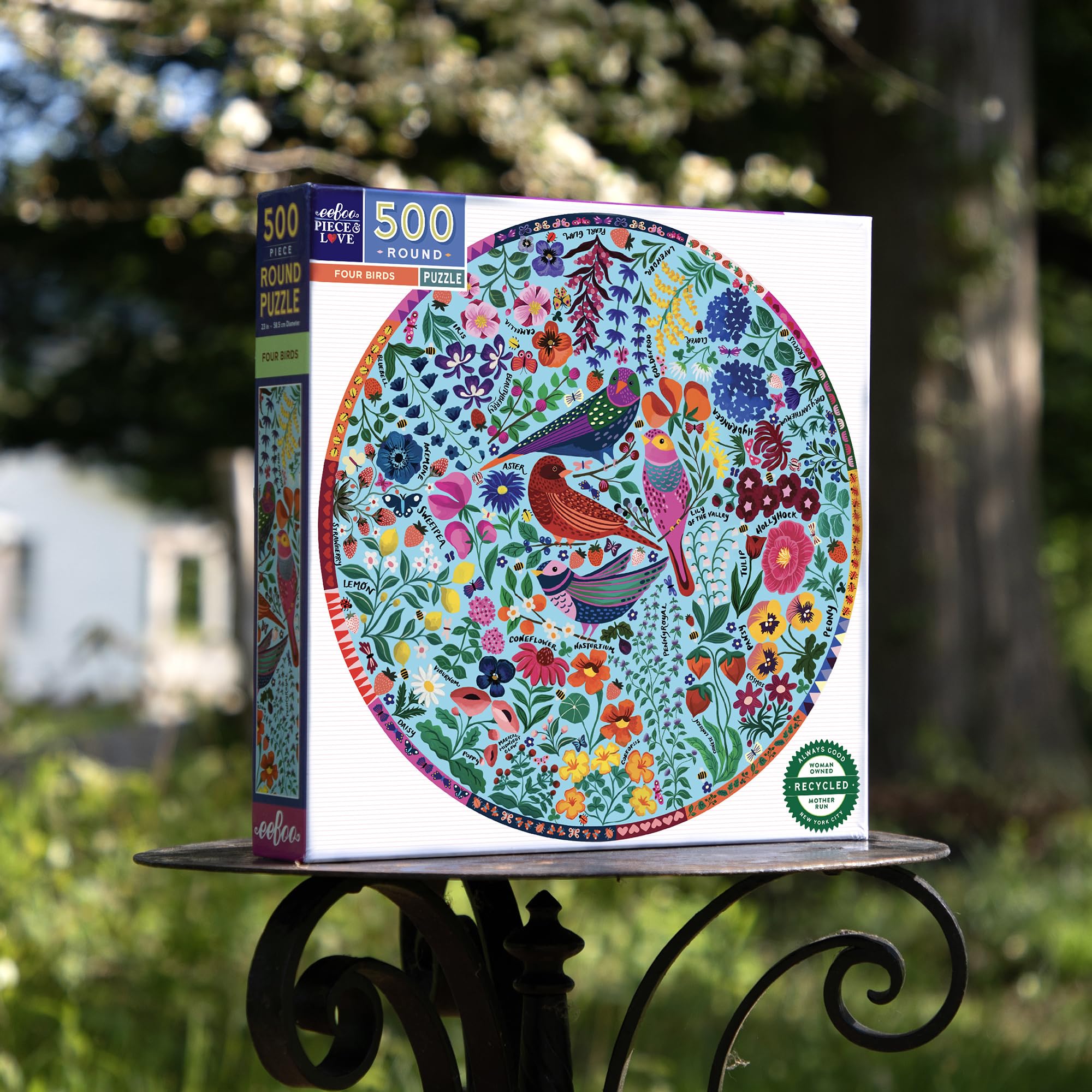 eeBoo Piece & Love: Four Birds - 500 Piece Puzzle - Adult Round Jigsaw, 23" Diameter, Includes Image Reference Insert, Glossy Pieces - Image 4