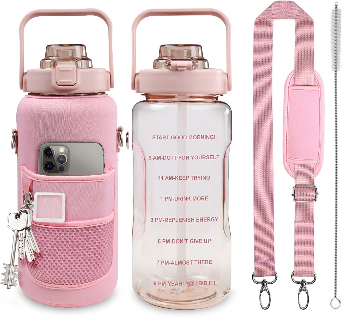Half Gallon Water Bottle with Sleeve, 64OZ Motivational Water Bottle | Water Jug with Straw, Time Marker, BPA Free, Leakproof, Gym Water Bottle for Sport Workout