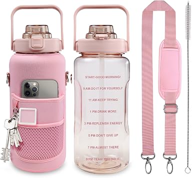 Chokoter Half Gallon Water Bottle with Sleeve, 64OZ Motivational Water Bottle with Straw & Time Marker, BPA Free Leakproof Gy