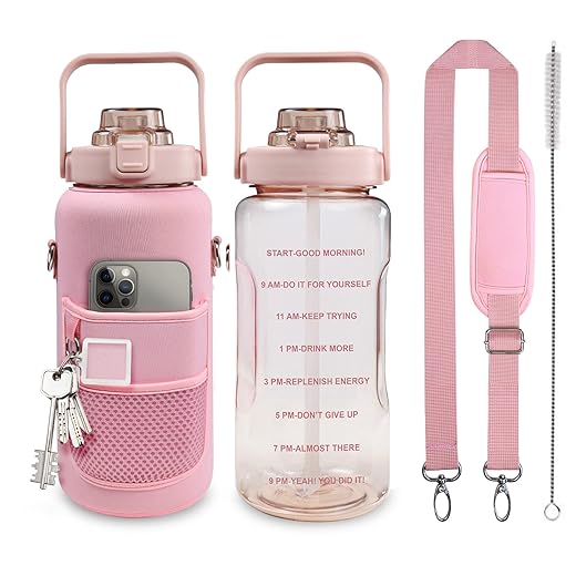Half Gallon Water Bottle with Sleeve, 64OZ Motivational Water Bottle with Straw & Time Marker, BPA Free Leakproof Gym Water Bottle for Sport Workout