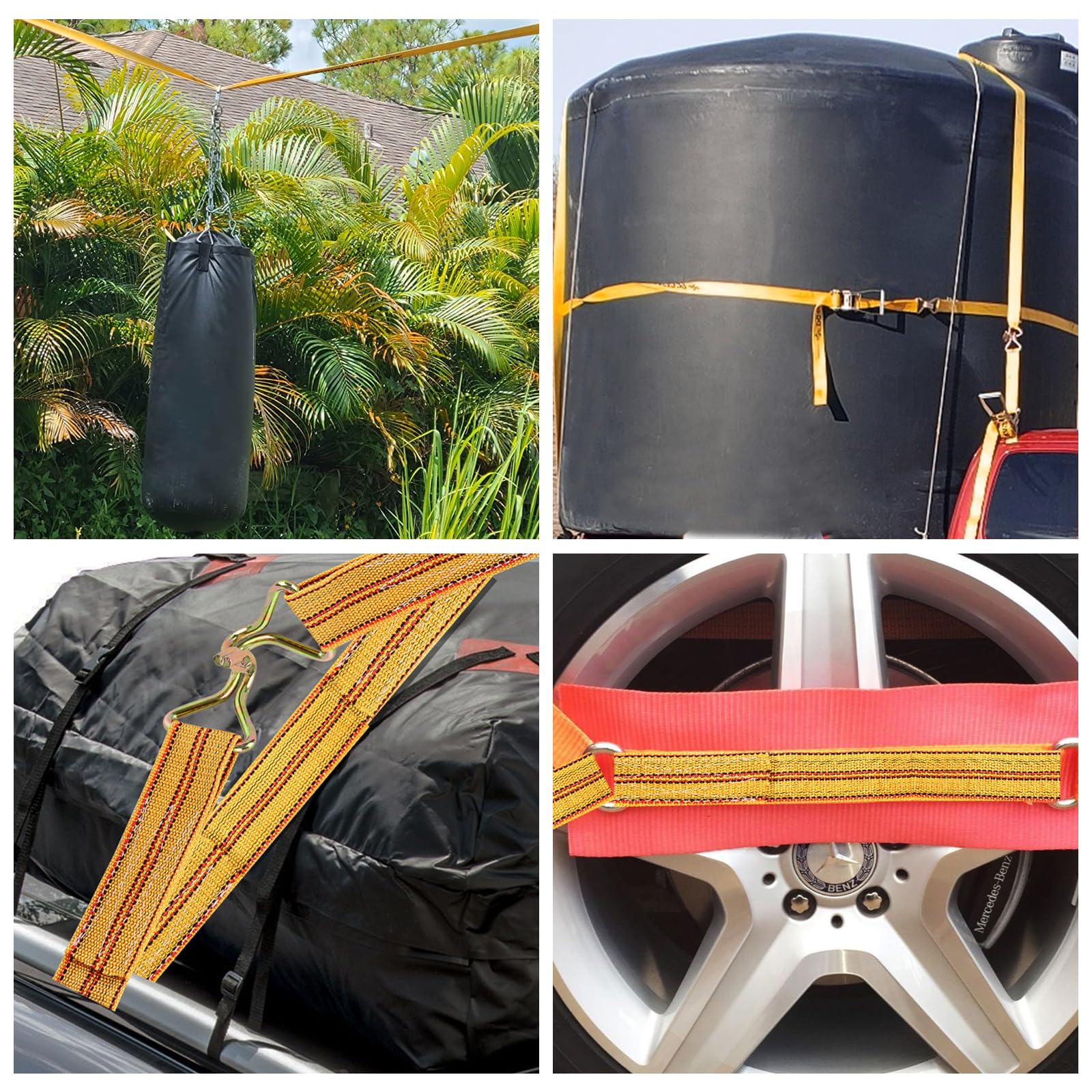 Set di 4 cinghie di fissaggio a cricchetto, 5 cm x 6 m, resistenza alla rottura, resistenti, cinghie di fissaggio con maniglia e gancio a J in metallo, per camion, auto, moto, colore giallo