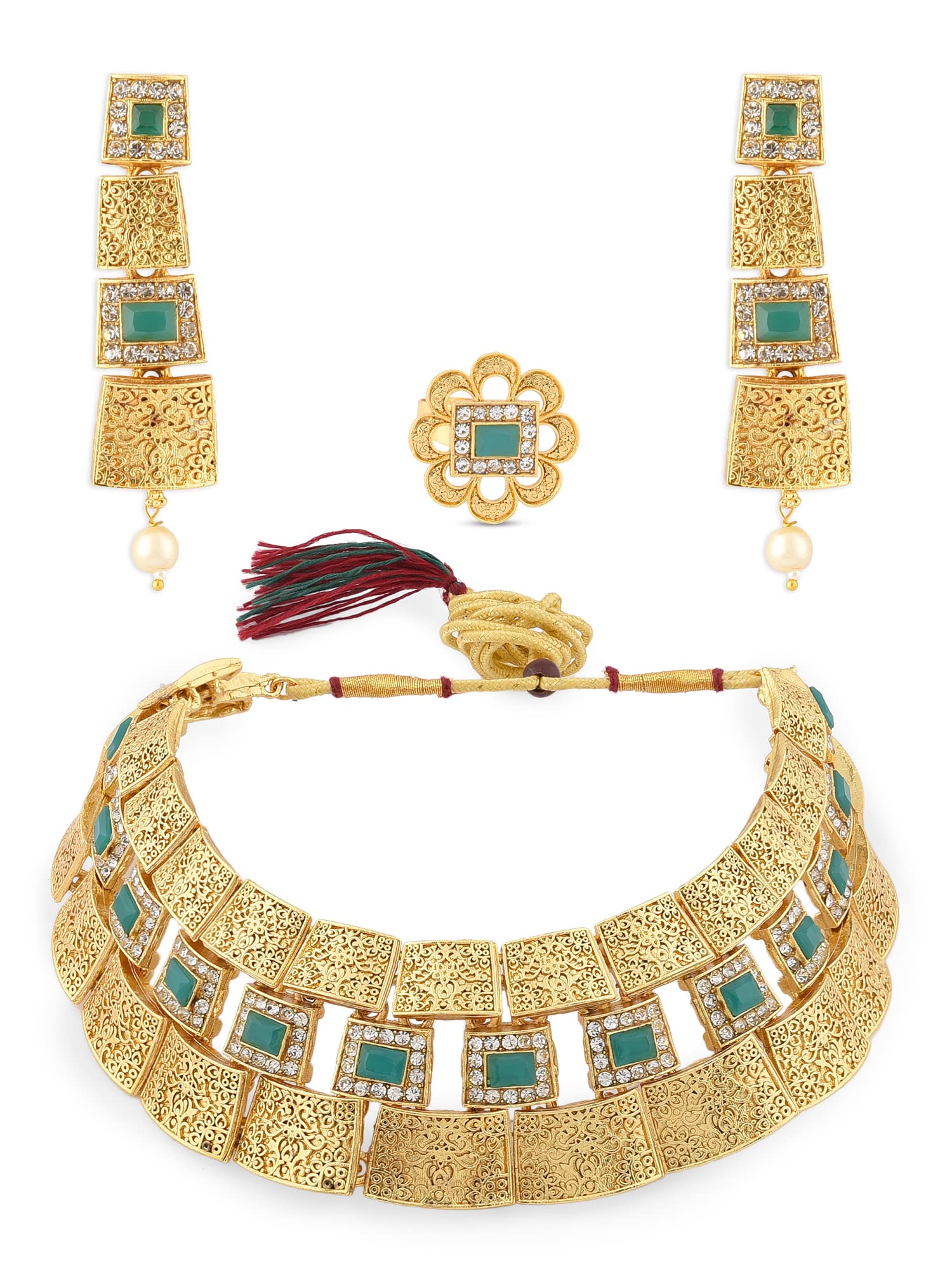 ZAVERI PEARLS Green Stones & Austrian Diamonds Ethnic Necklace Earring & Ring Set For Women-ZPFK12121 (B09RGB1QPB) Amazon Price History, Amazon Price Tracker