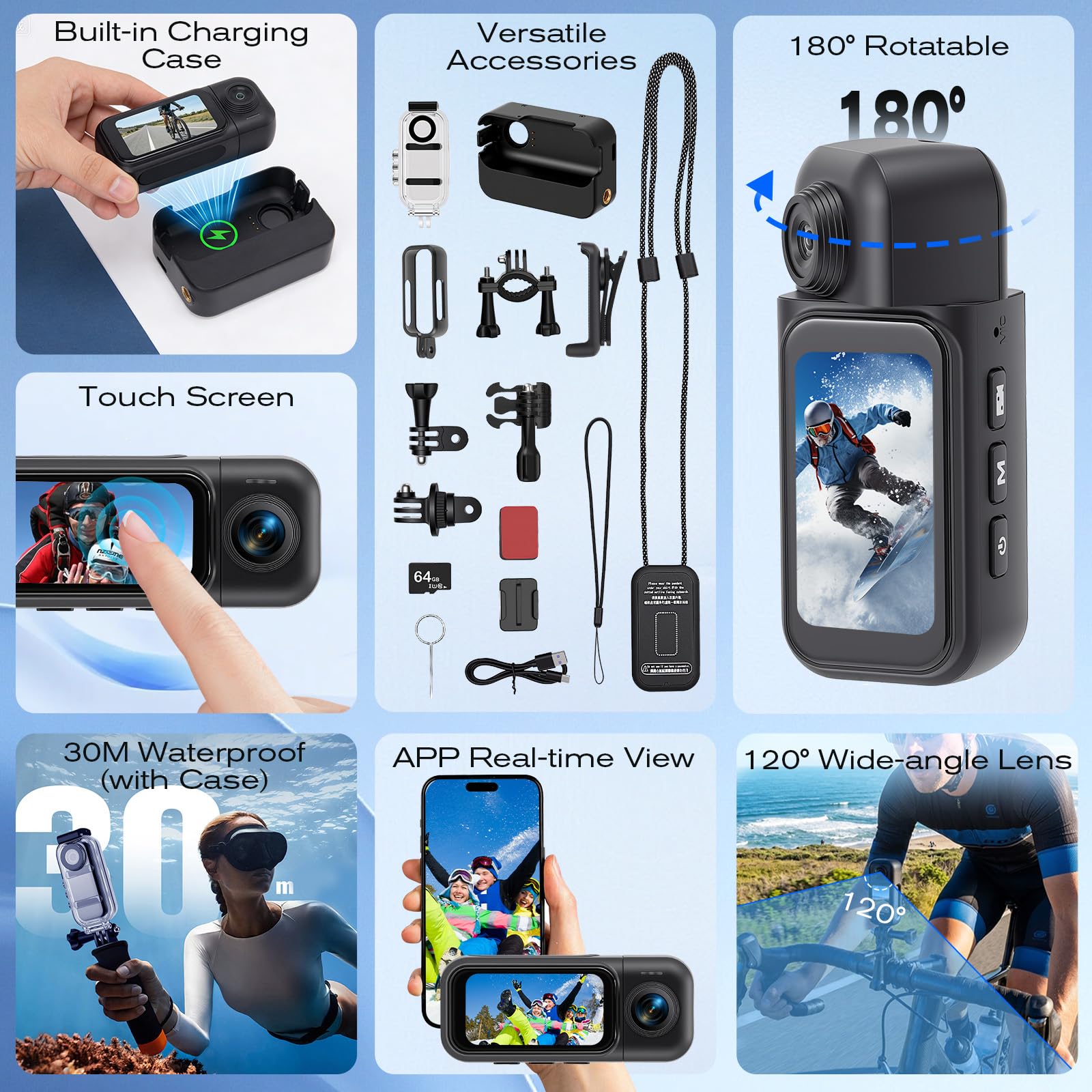 Videocamera d'azione a 180° con touchscreen e batteria da 8 ore