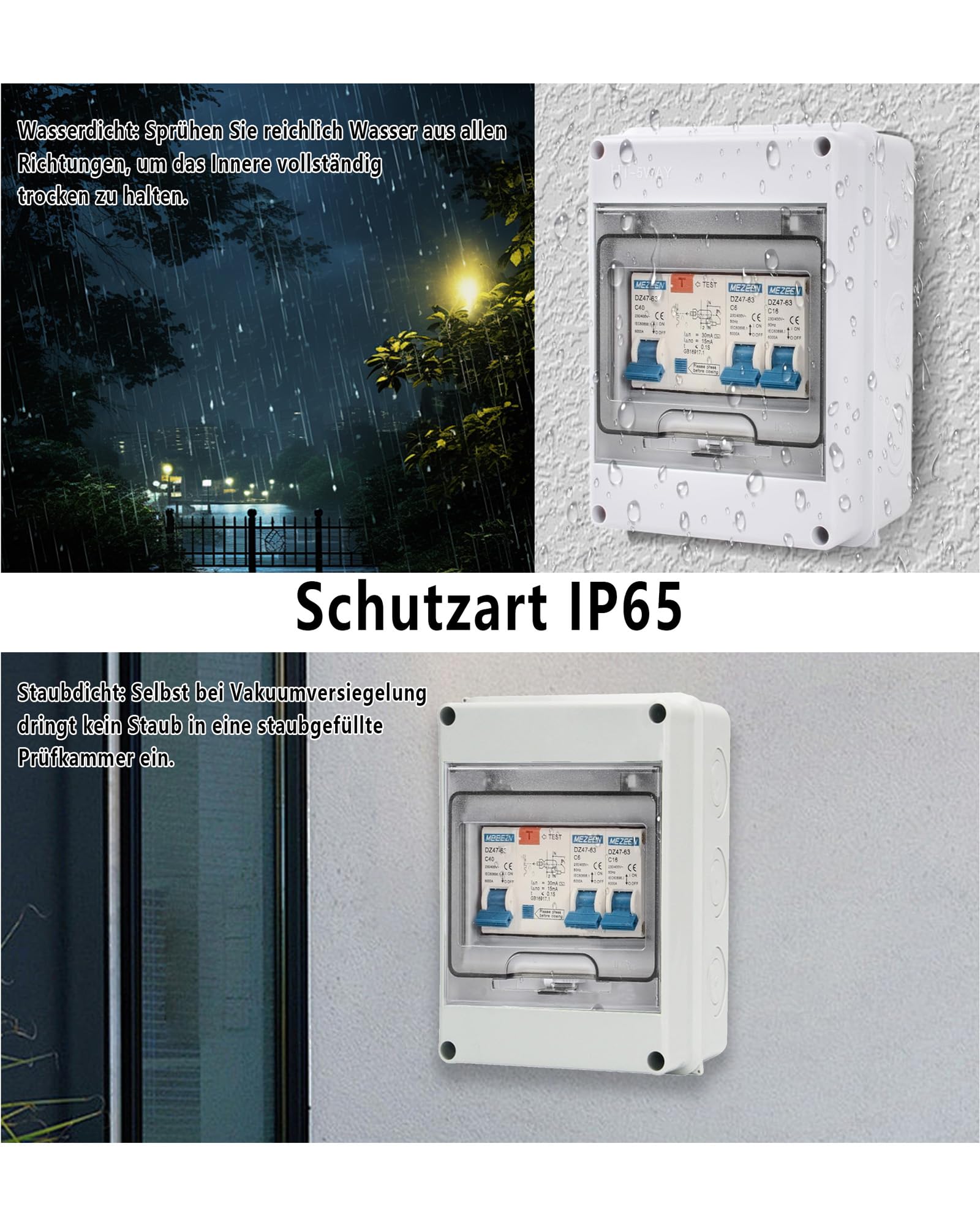 Sicherungskasten 2-Wege Kleinverteiler: IP65 Wasserdichte Sicherungskasten Aufputz mit FI Schalter 6A+16A für Garagen Wohnwagen Zuhause Büro (40A 30mA RCD 2MCB)