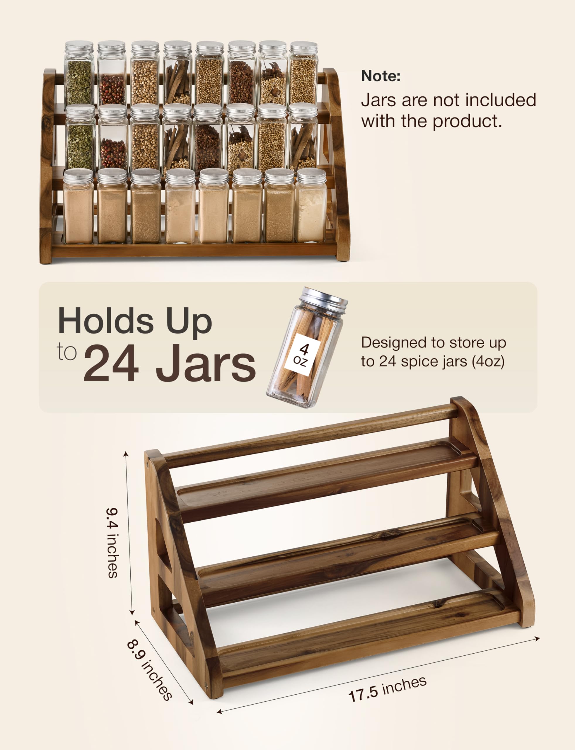 Especiero de madera de acacia de 3 niveles para encimera o armario, organizador de especias de cocina y organizador de especias (nogal) (A)