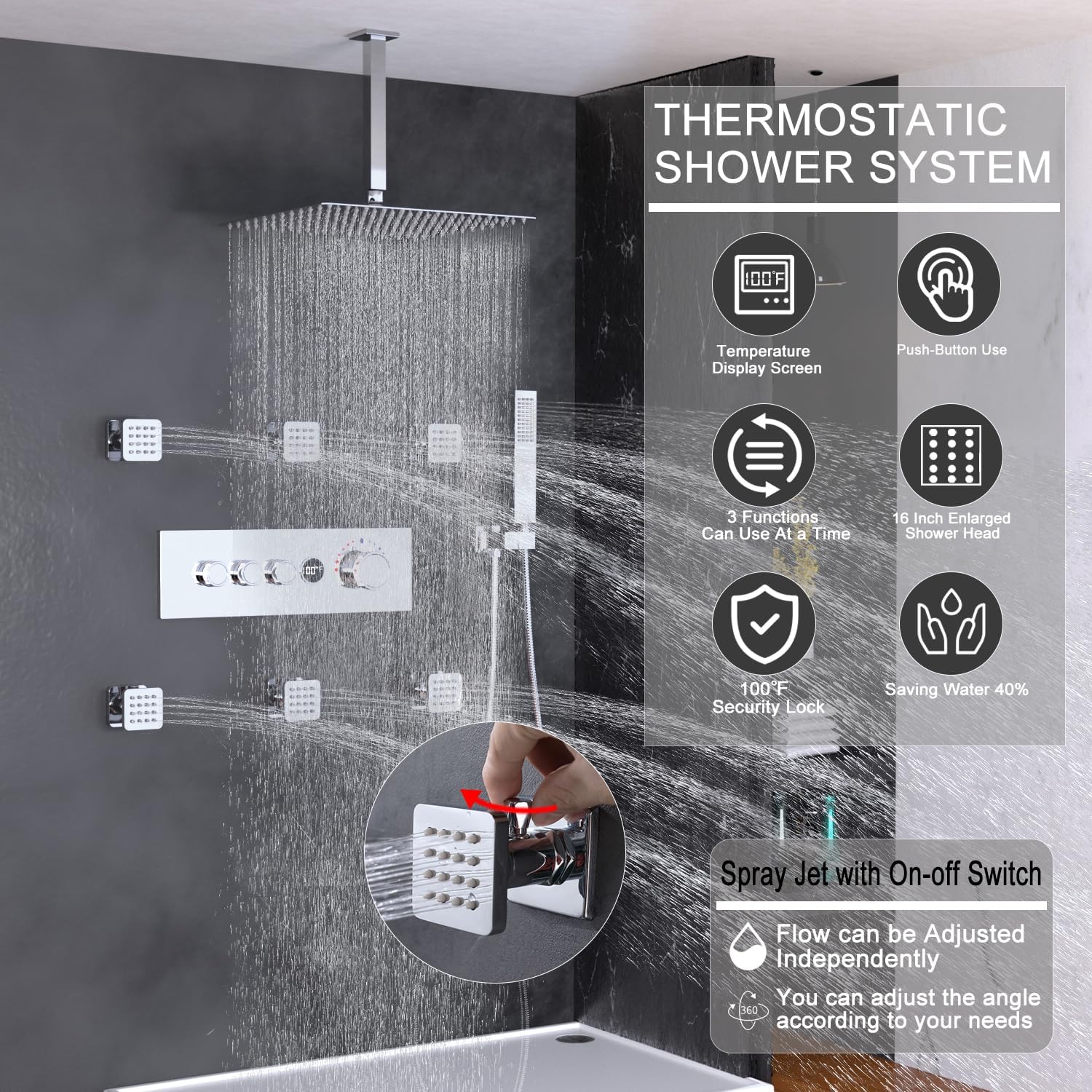 Temperature Display Shower-System with Body Jets, 16 Inch Rainfall Shower with Push-button Thermostatic Valve and Independent Flow Control, Chrome