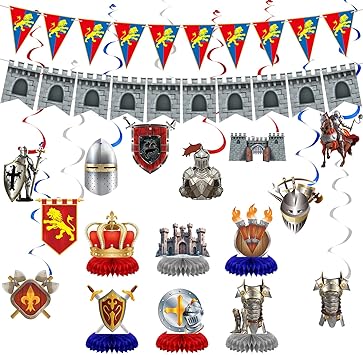 18 Pcs Medieval Knight Birthday Party Decorations Castle Table Topper Medieval Whirls Hanging Banner Decorations Stone Wall Shield for Birthday Party Supplies