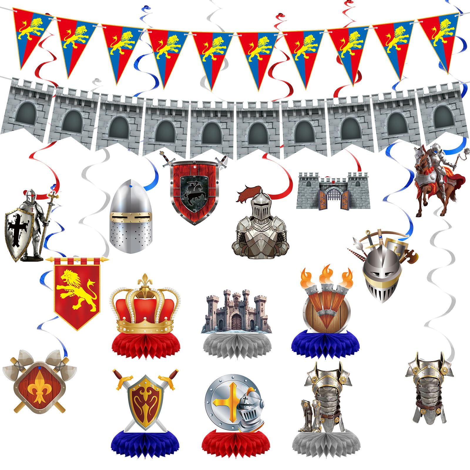 Janlaugh 18 Pcs Medieval Knight Birthday Party Decorations Castle Table Topper Medieval Whirls Hanging Banner Decorations Stone Wall Shield for Birthday Party Supplies