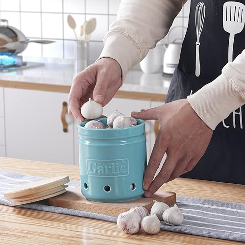 Miniatura 7 de ONTUBE Garlic Keeper de porcelana con tapa, protector de ajo de cerámica de 4.5 pulgadas (turquesa)