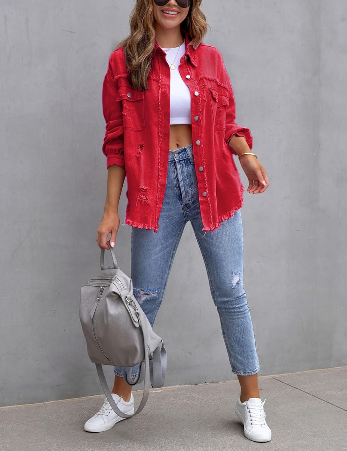 Womens Ripped Distressed Denim Jacket Tops Oversized Casual Long Sleeve Basic Jean Jacket Coats - Image 3