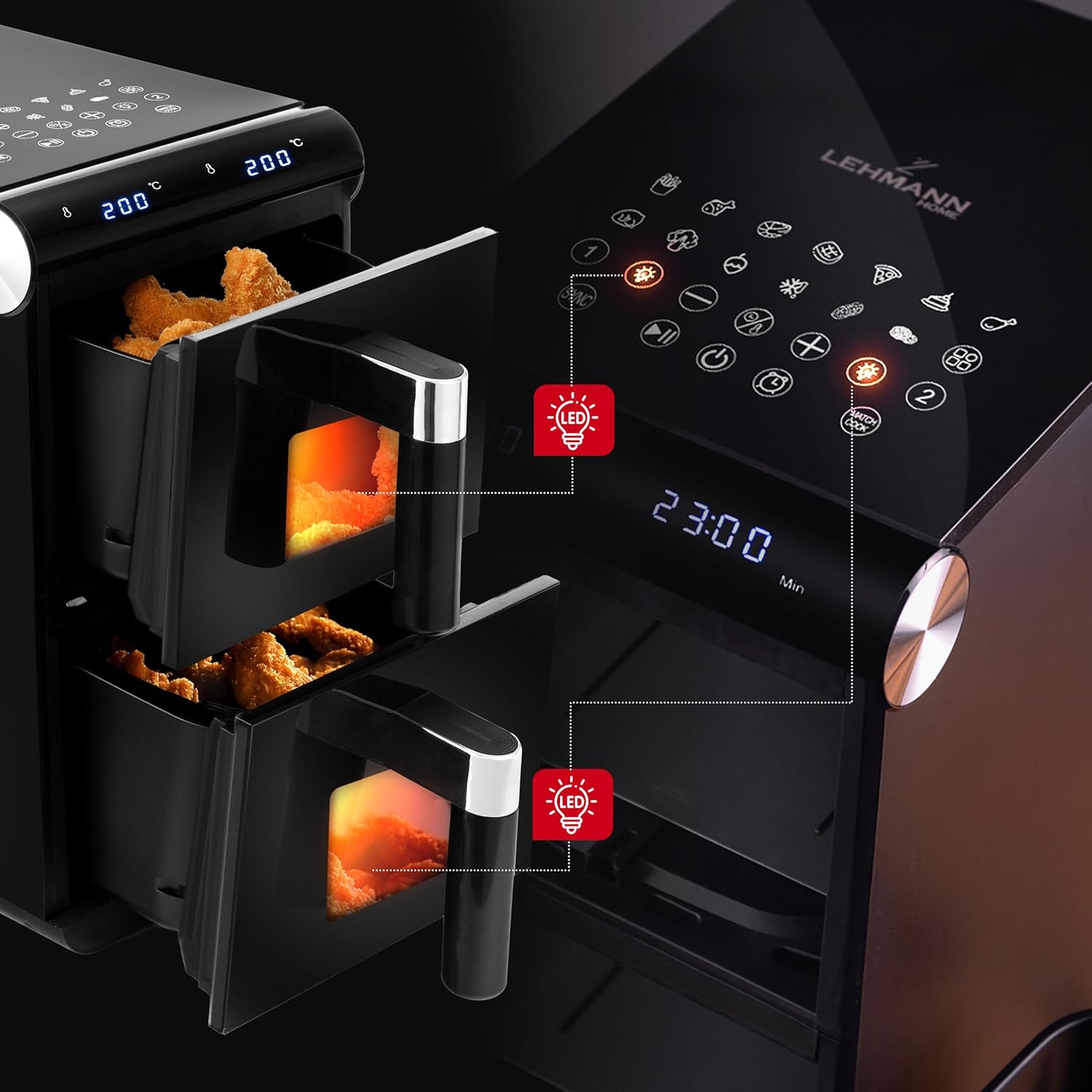 LEHMANN XXL Dual Zone Airfryer with illuminated cooking chambers