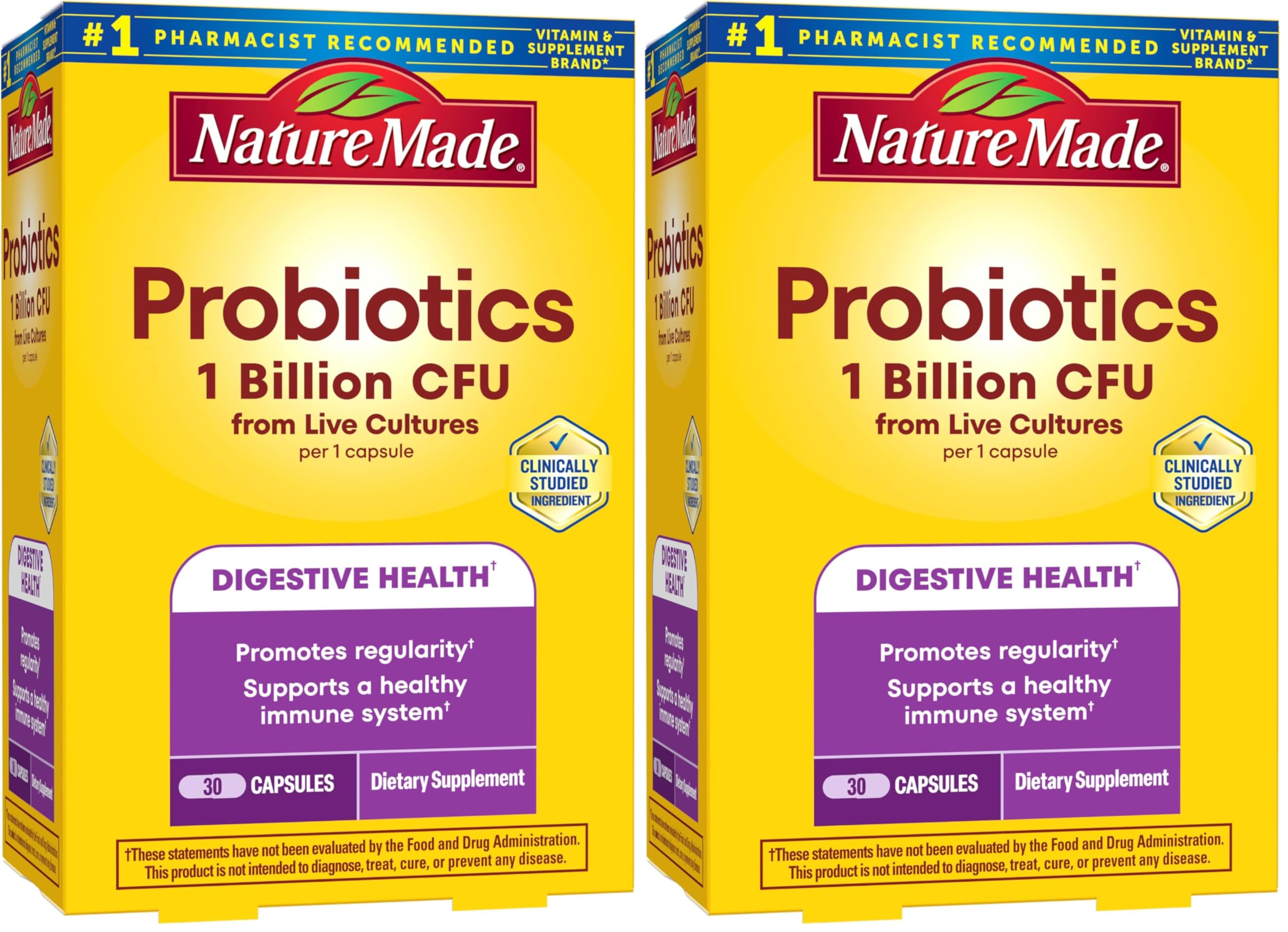 Nature Made Probiotics for Women and Men, Probiotic Capsules 1 Billion CFU from Live Cultures for Immune & Digestive Support, 30 Capsules, 30 Day Supply,(Pack of 2)