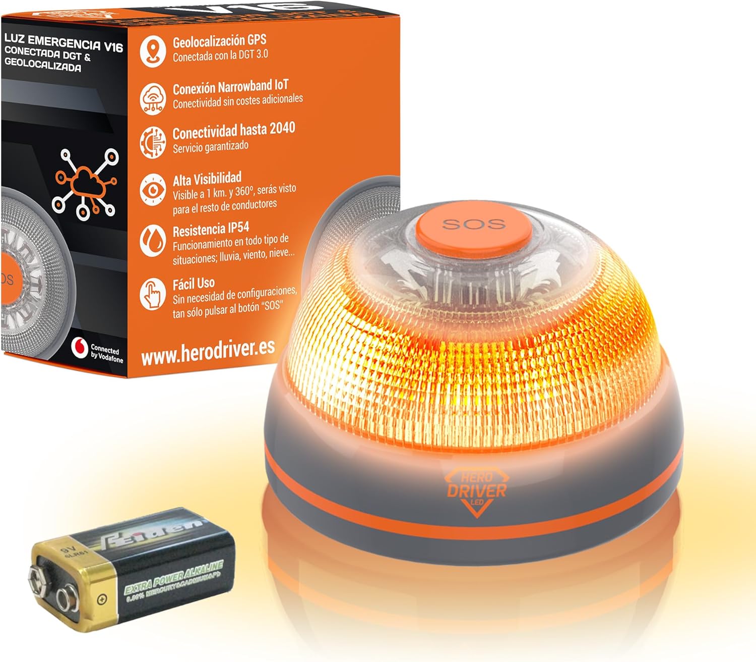 Hero Driver LED Baliza V16 Conectada y Geolocalizada Certificada DGT 3.0 Sin cuotas hasta 2040 Luz Emergencia coche - Uso obligatorio en Espaa Tarjeta Vodafone SIM incluida gratis