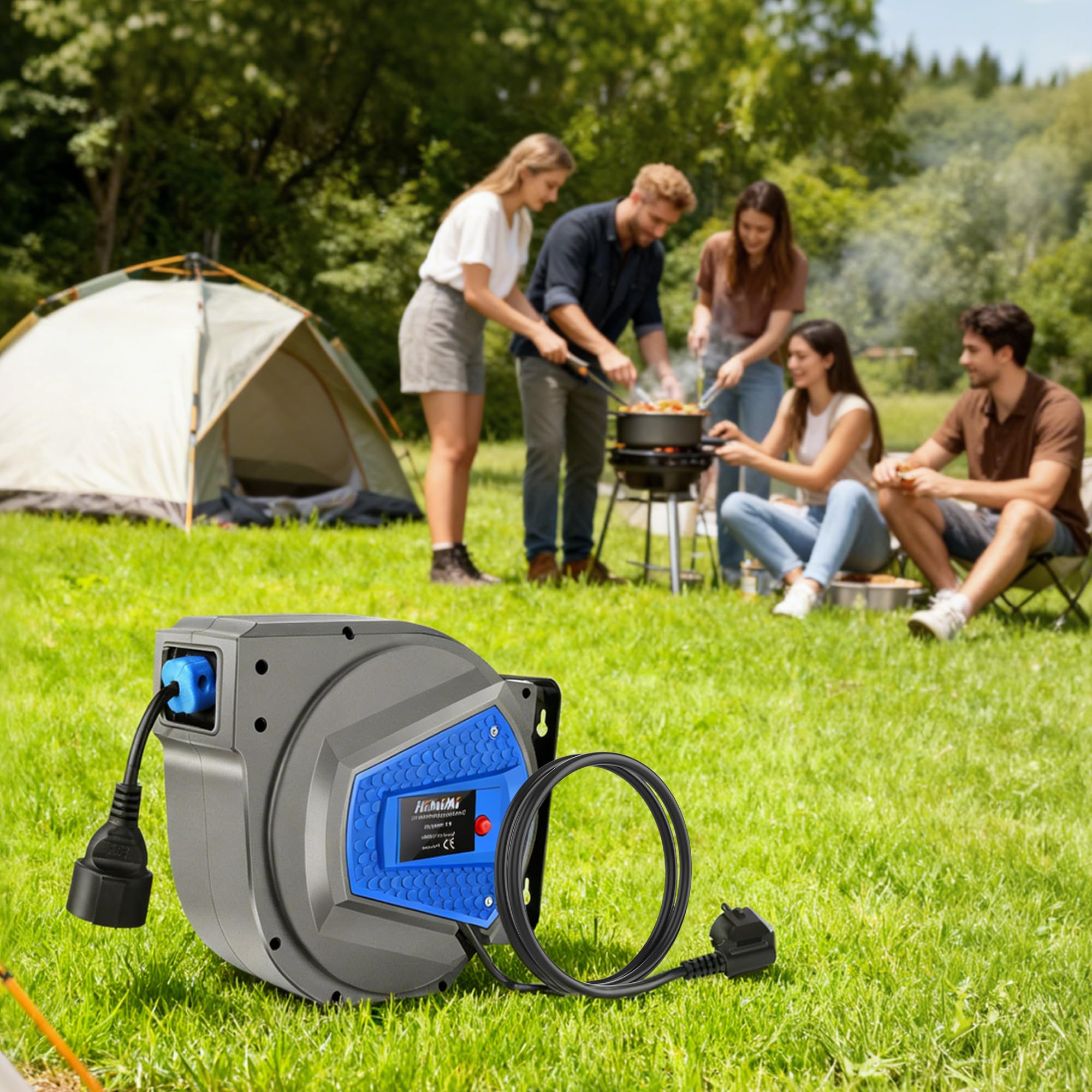 Himimi Carrete de cable retráctil automático de 15 m + 1 m, resistente, de 1500 W a 3000 W, resistente al agua, para uso en interiores y exteriores, con montaje en pared o techo (Blue)