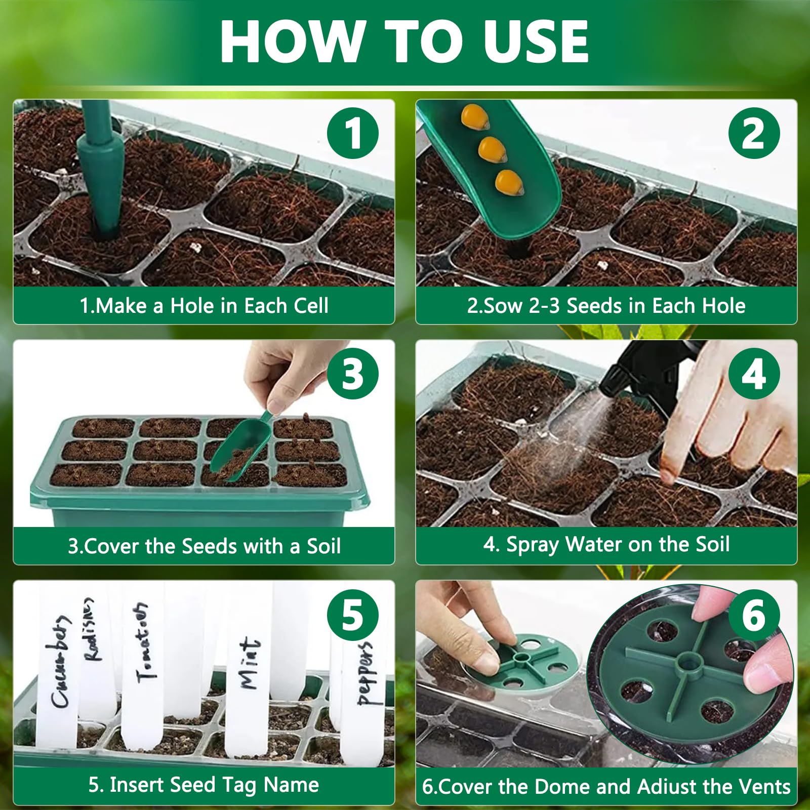 MOYKSRR Vassoi per semi, Vassoi Semina, 10 Pack 120 Celle Propagator Growing Addensano i Vassoi, Vassoi per Piante con Cupole Ventilate, per Germinazione, Strumento di Coltivazione in Mini Serra