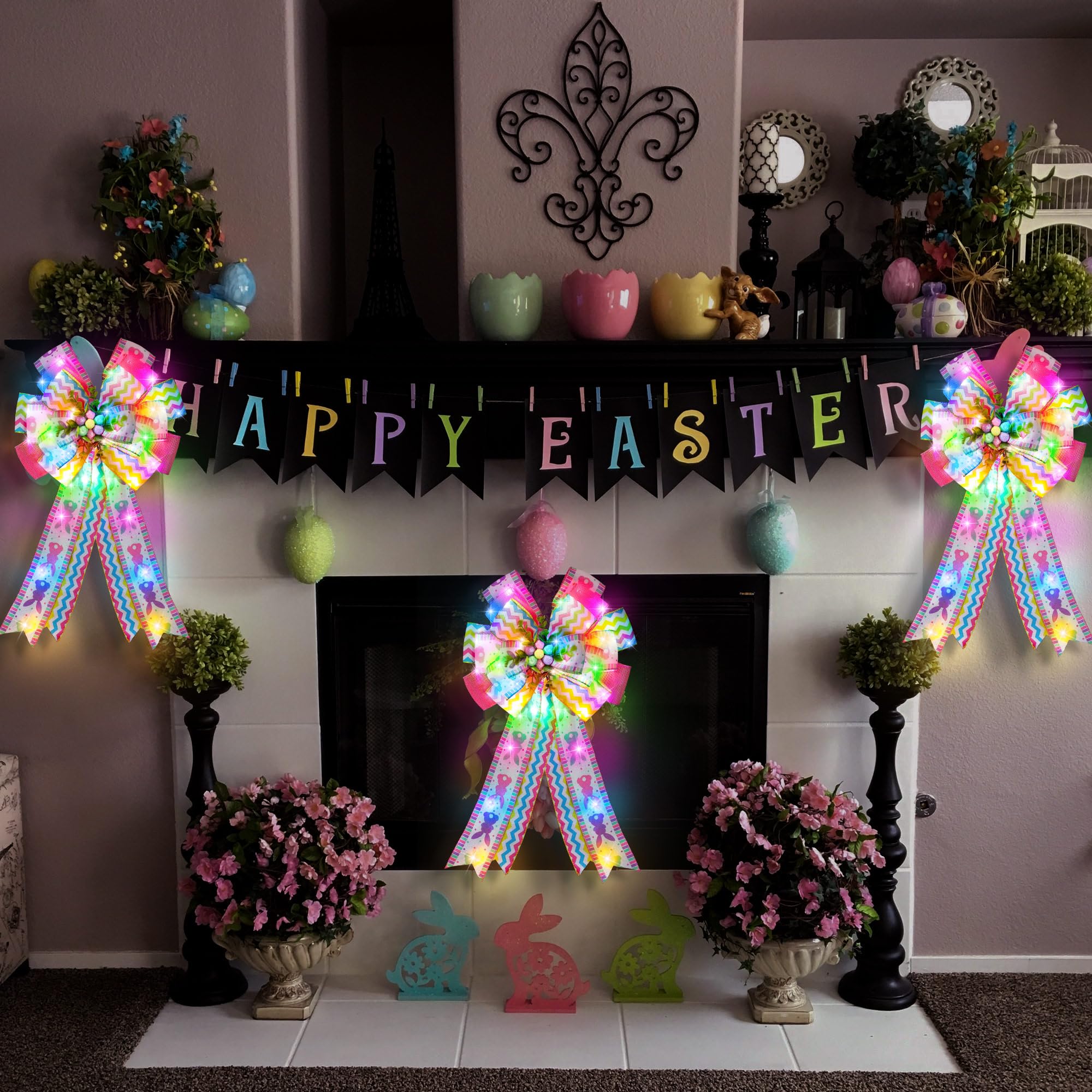 Hohean 2 Pcs Lighted Easter Large Wreath Bows with Colorful Easter Eggs, 11 x 20'' Spring Easter Bunny Rabbit Bows for Wreath, Multilayer Easter Wreath Bow Decoration for Easter Party Front Door Wall