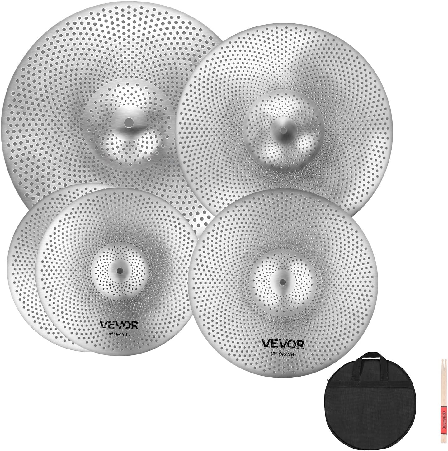 VEVOR Low Volume Cymbal Pack, 5Pcs Quiet Cymbals for Drum Set, 14'' Hi-Hats, 16'' Crash, 18'' Crash, 20'' Ride, Alloy Drum Cymbals Includes Free Drumsticks, Mute Pads & Bag, for Drummer Practice