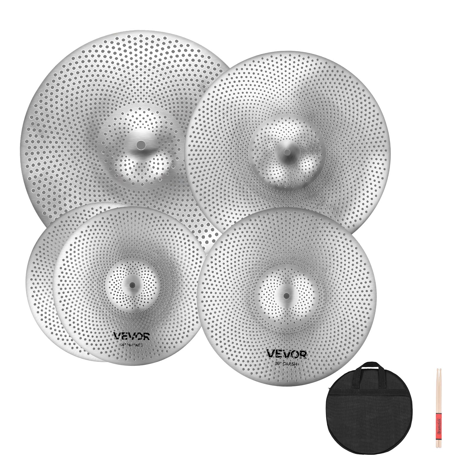 VEVOR Pacchetto Piatti Batteria, 4 Pezzi Silenziosi Lega, Hi-Hat 350 mm, Crash 400 e 455 mm, Ride 505 mm, Bacchette e Borsa, Rame Lucido