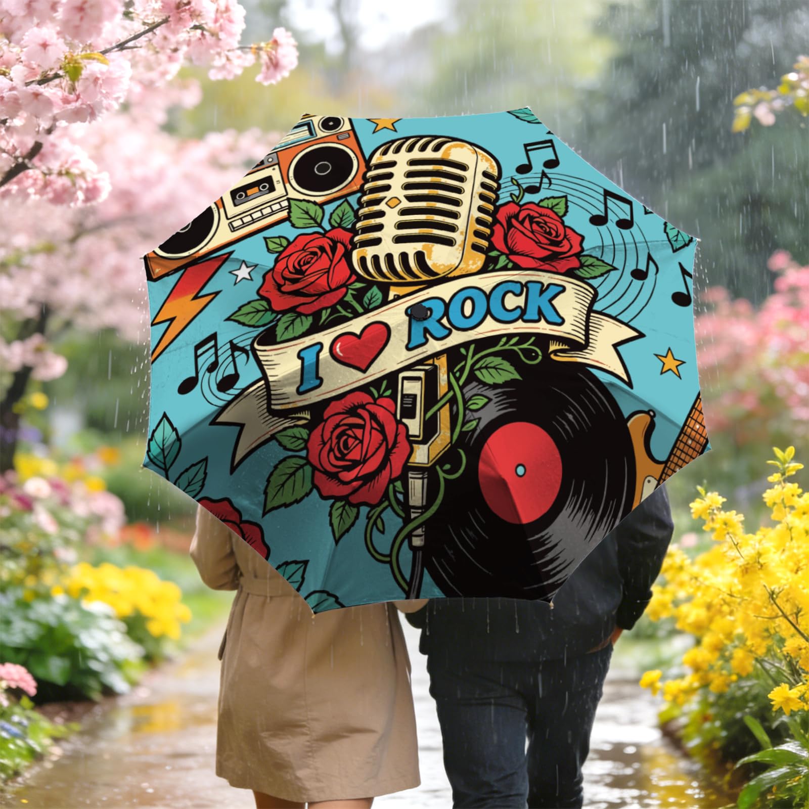 MayjoyDIY Retro Rock Micrófono Automático Plegable Paraguas 107cm Rock A prueba de viento Viaje Paraguas Rojo Rosa Compactos Paraguas Automáticos Apertura Cierre para Lluvia y Sol Protección