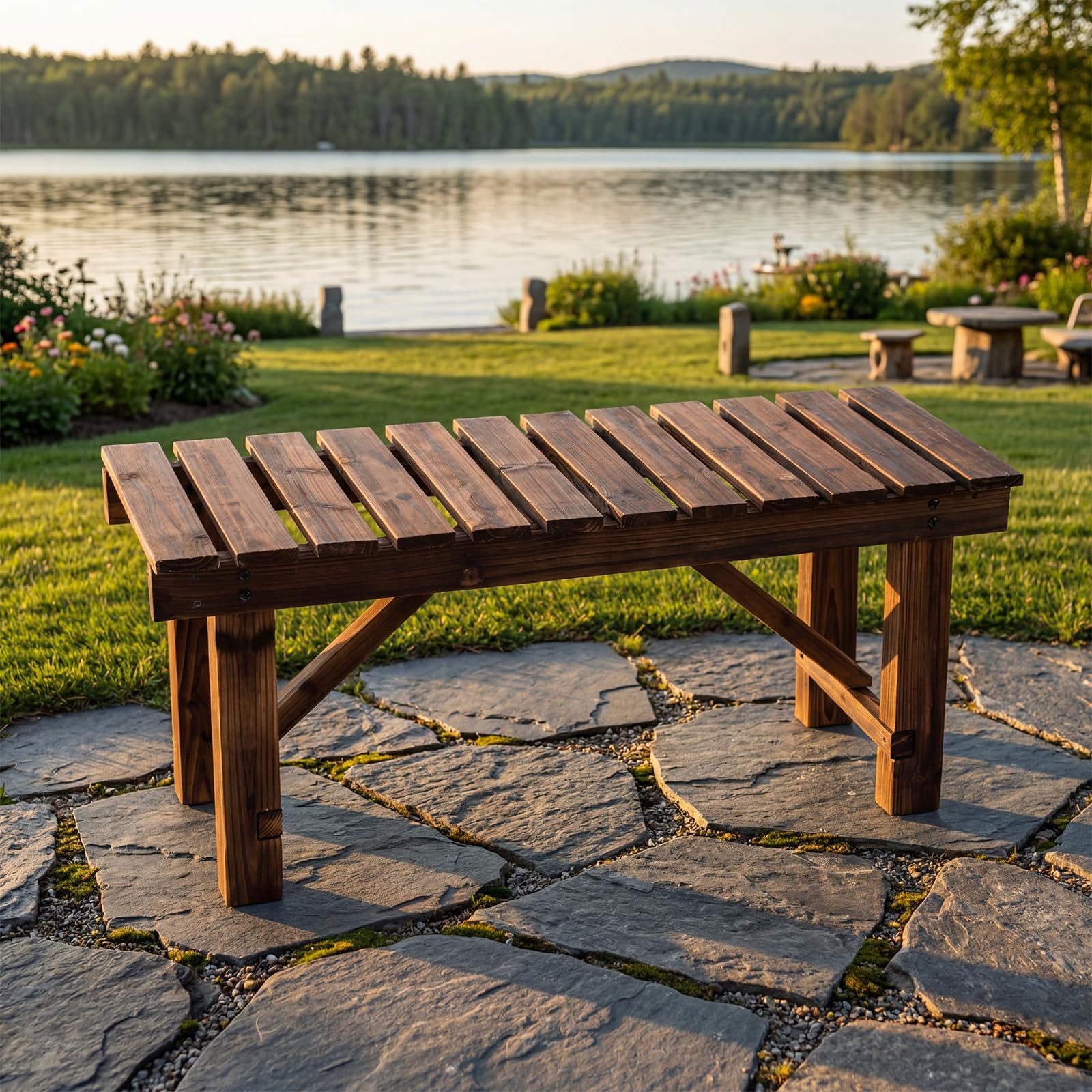 Cinnvoice 35.5 Inch Outdoor Garden Bench, Wooden Rustic Style