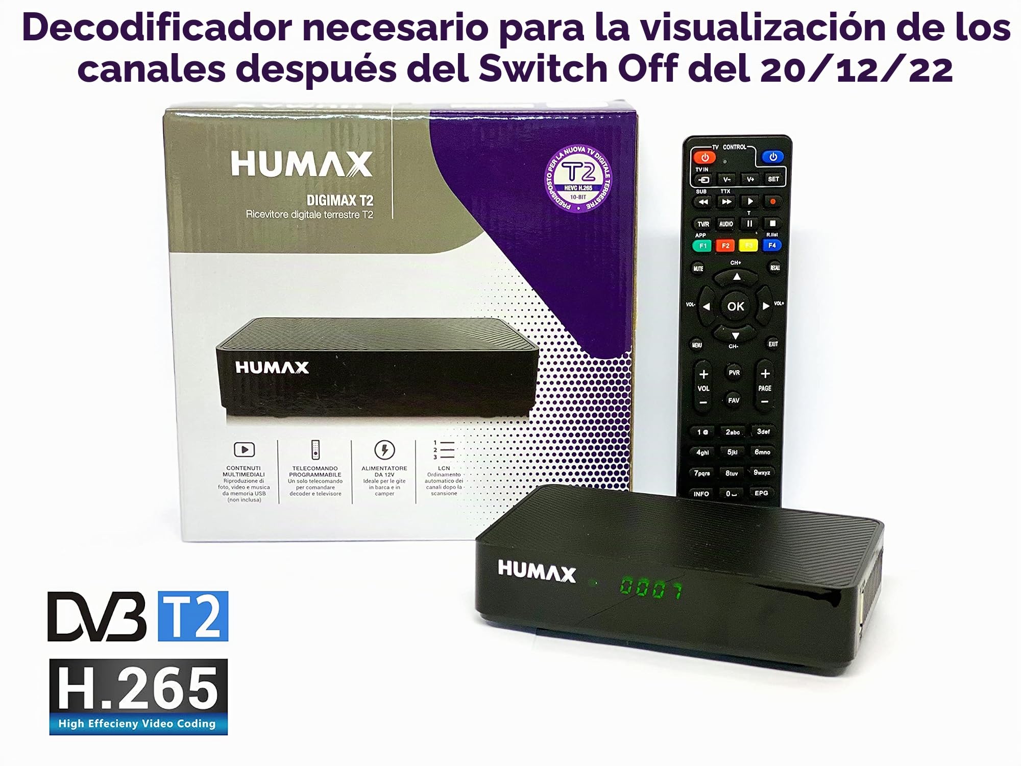 Humax 9-00142 - Decodificador Digital terrestre DVB-T2 HD-2022T2 Digimax T2 con Mando a Distancia 2 en 1 para controlar el televisor