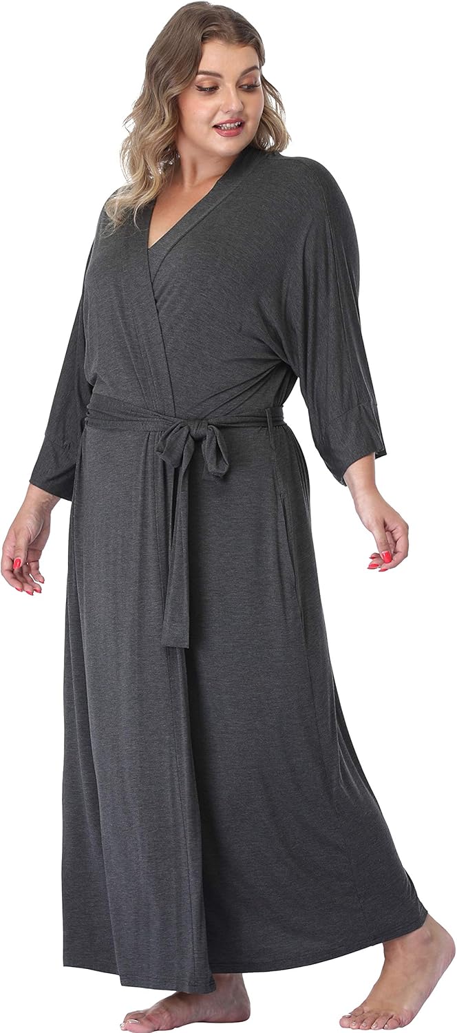 Women's Plus Size Long Robe Full Length Bathrobes Kimono Dressing Gown Sleepwear Maternity Delivery Robes with Pocket - Image 3