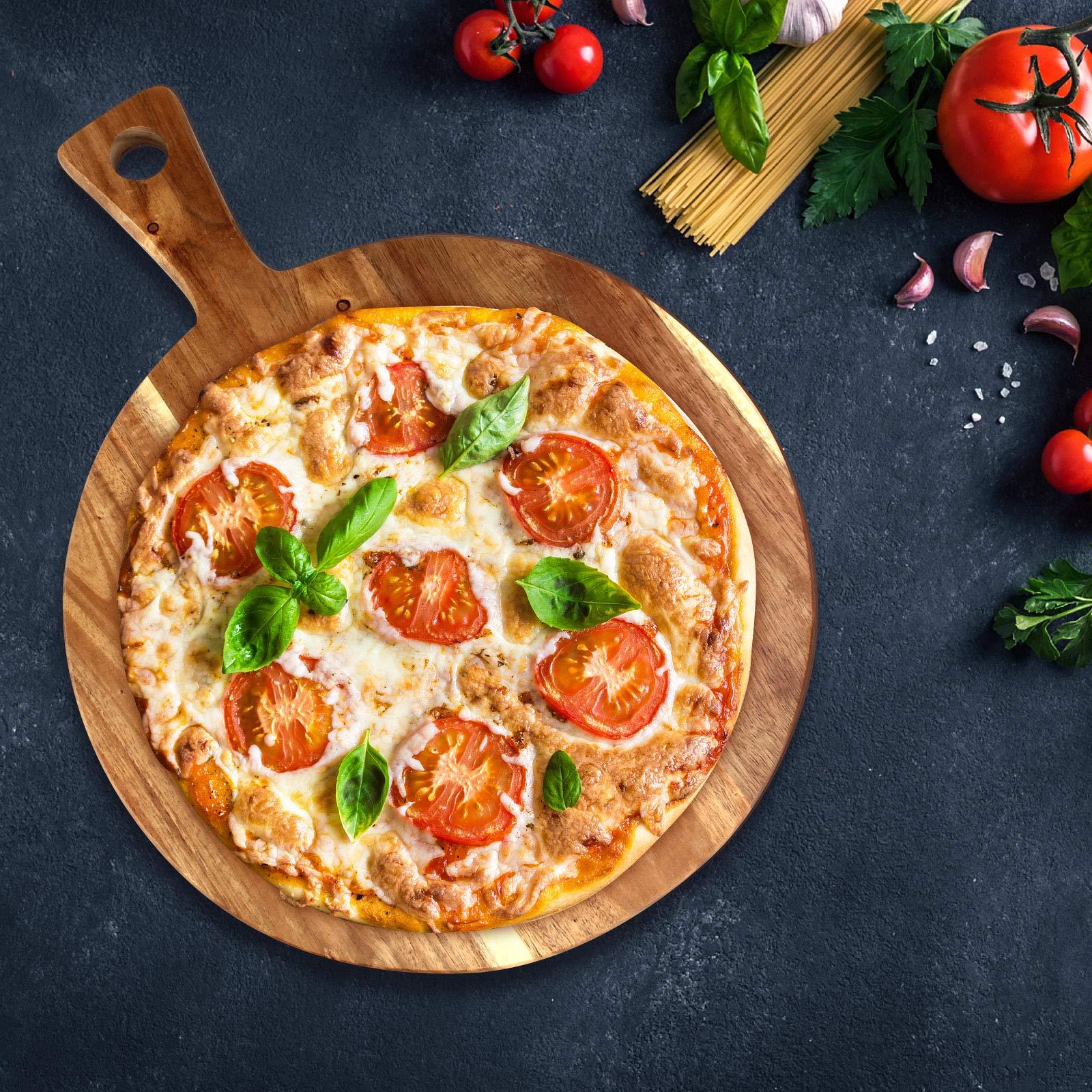 Extra großes Schneidebrett und Servierbrett aus Akazienholz, rund, 53,3 x 40,6 cm, Charcuteriebretter für Fleisch, Brot, Käse, Pizza und Schnitzen