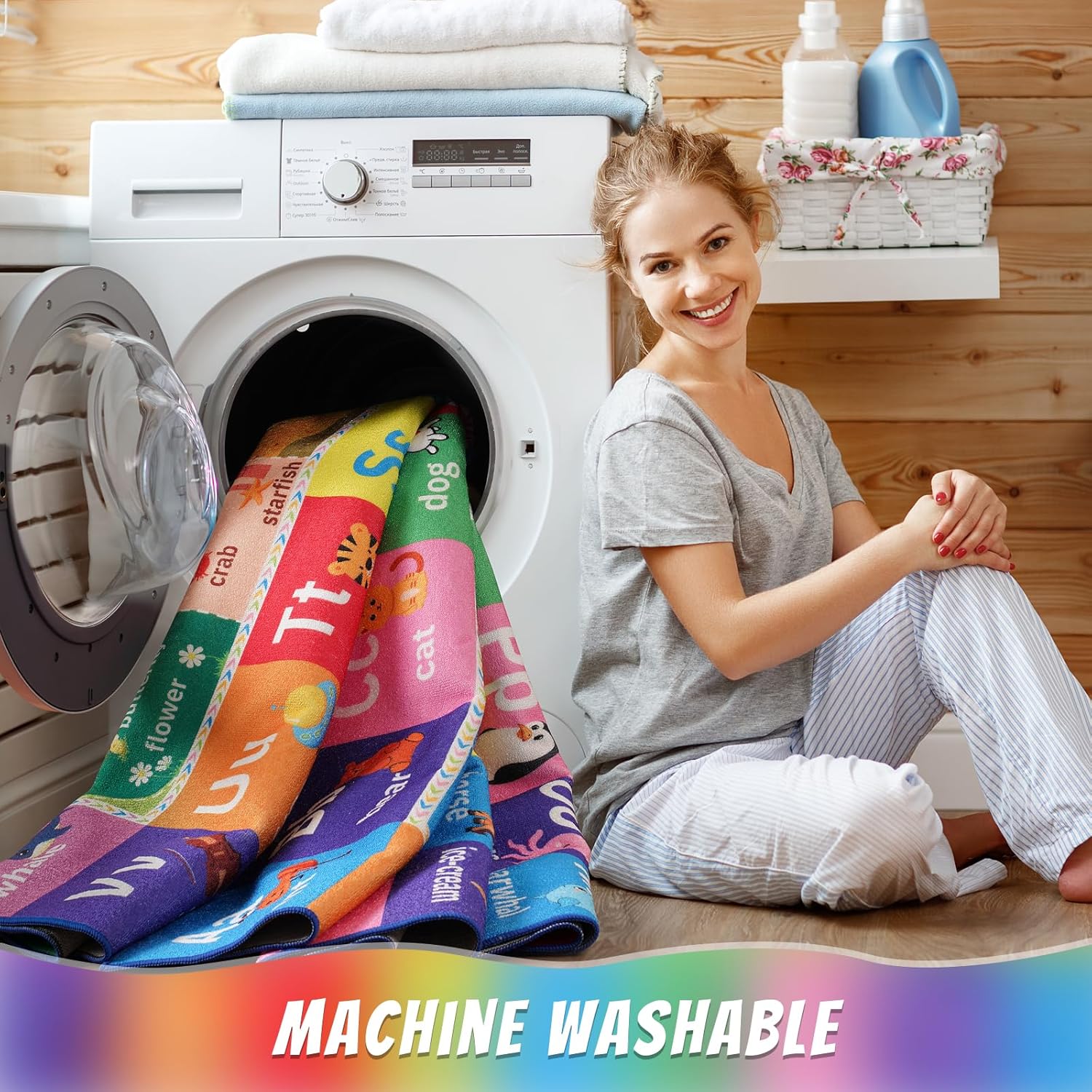 ABC Kids Rug for Playroom, 5x7 Washable Classroom Area Rugs, Toddler Educational Play Mat with Alphabet Numbers Seasons Shapes, Learning Fun for Preschool Children, Colorful