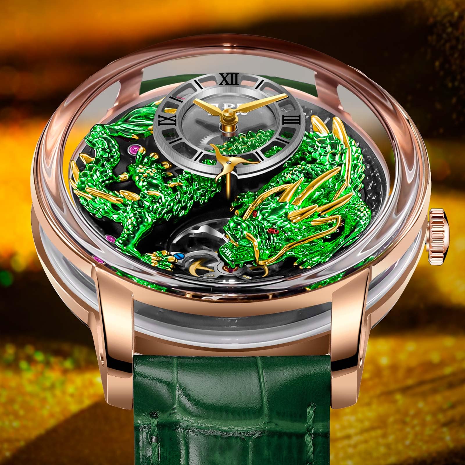Automatik Uhr Herren - 3D Drache Design Herrenuhr Automatik mit Lederarmband, 45.5mm Edelstahlgehäuse, Luxuriöse Uhr Herren für Alltag & Festlichkeiten