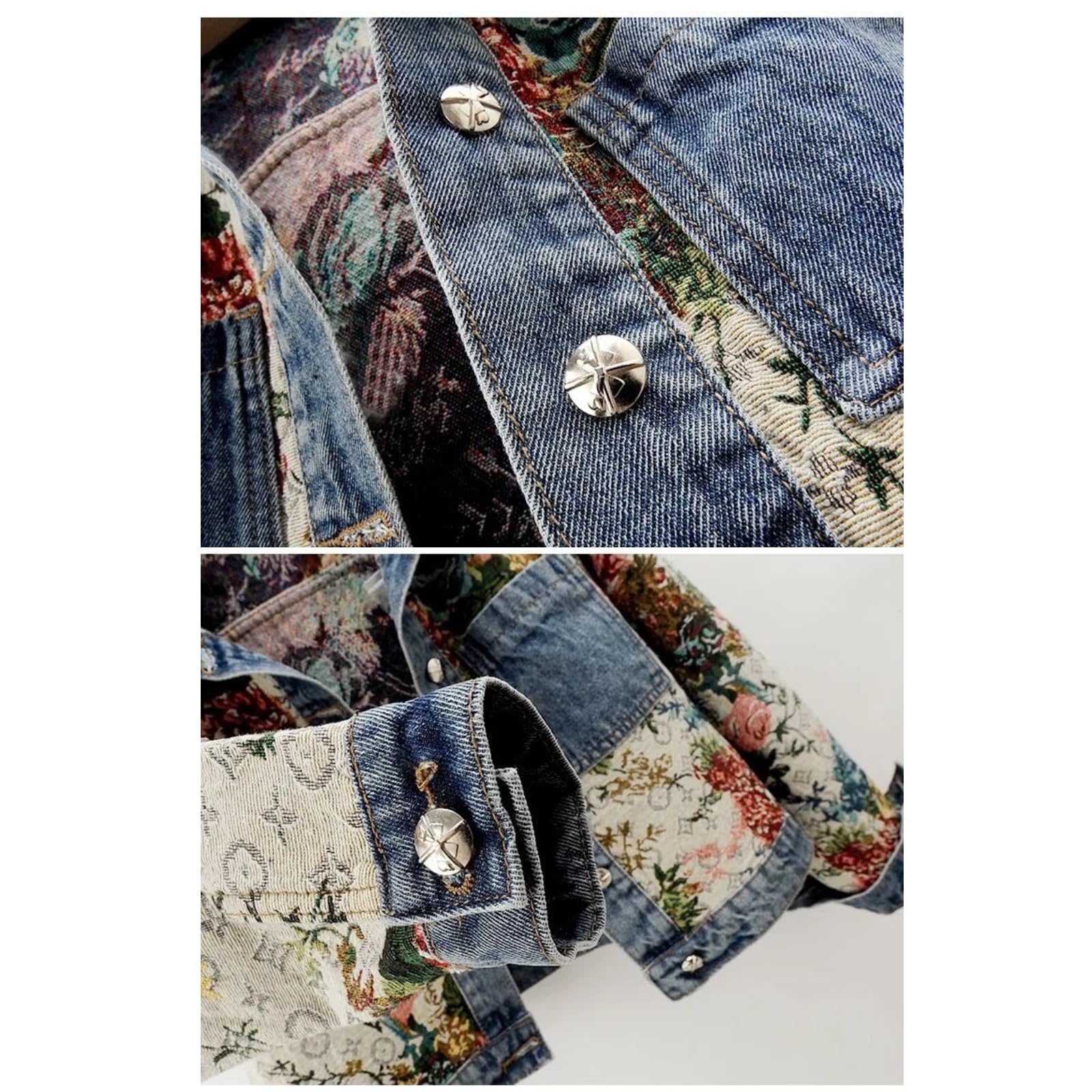 Damen Blumen Denim Jacke, Langärmelige Jacquard Vielseitige Jean Jacken, Floral Print Jeansjacke für Herbst