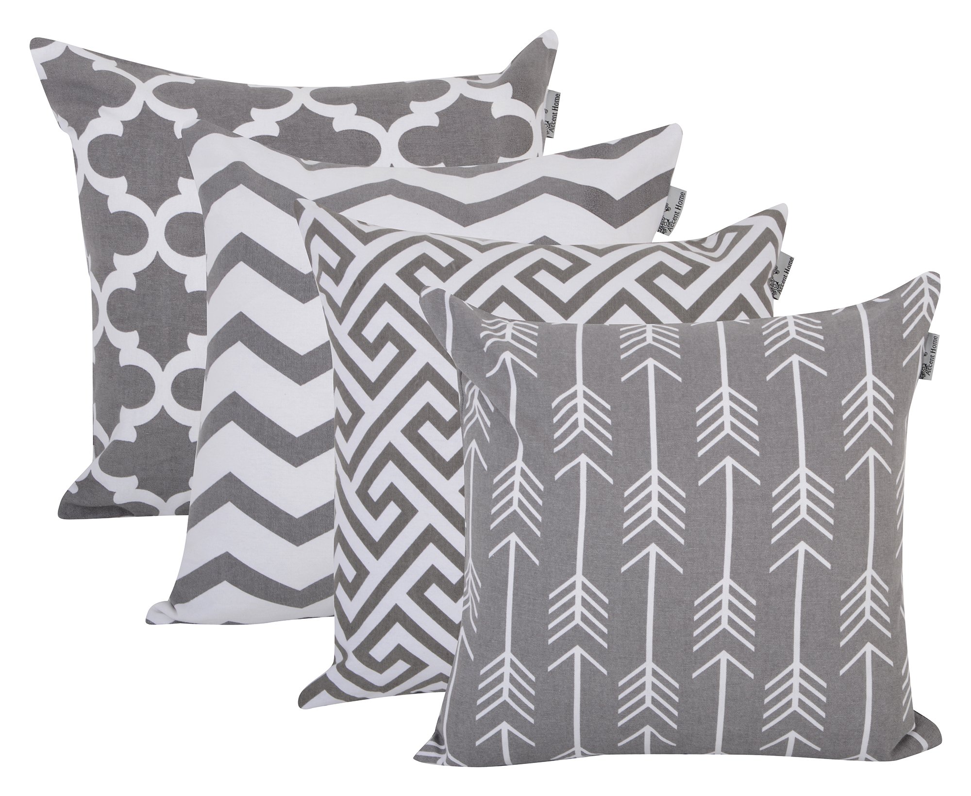 ACCENTHOME Printed Pillow Covers Set of 4 - Decorative Square Throw Pillow Cover, Indoor & Outdoor Cotton Cushion Cases, Geometric Design Grey Pillowcases for Home Sofa - Bed - Couch 18 x 18 Inch