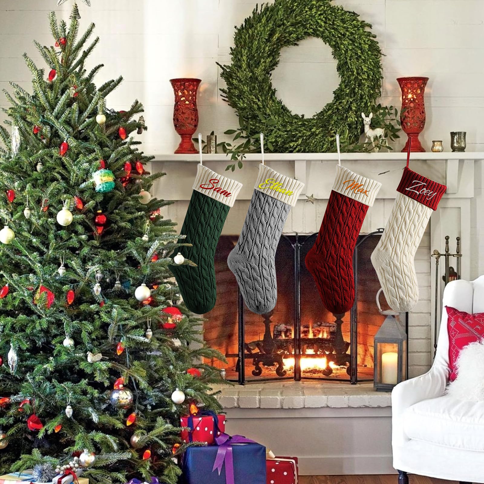 Weihnachtsstrumpf Personalisiert Nikolausstrumpf mit Namen, 46cm Großer Gestrickter Weihnachtsstrumpfe zum Befüllen, Weihnachtssocken Kamin Hängenden Deko Weihnachten Feiertags,Familienparty,4PCS
