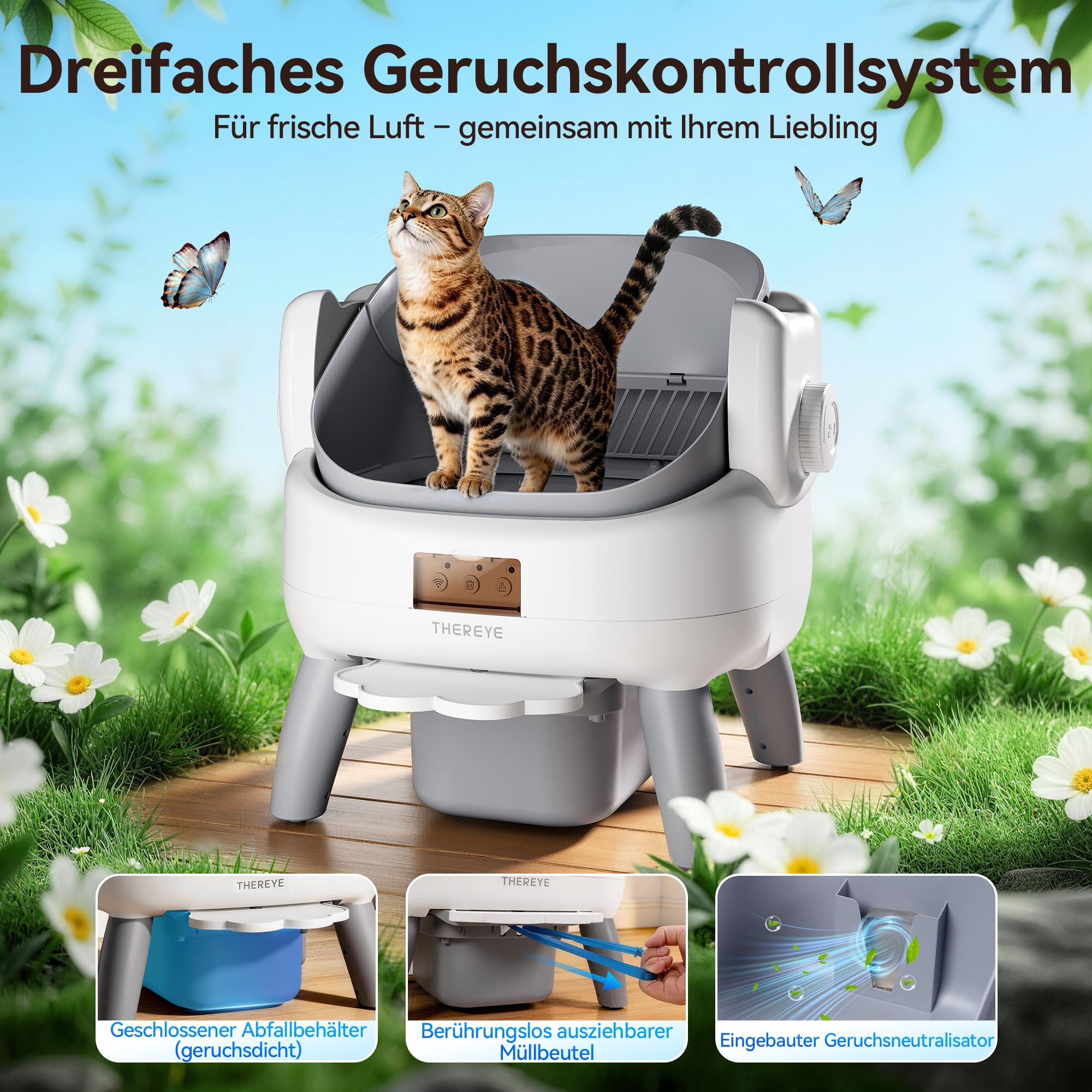 Thereye Selbstreinigende Katzentoilette mit Einstiegstufe,Katzenklo Selbstreinigend Offenes mit App-Steuerung,11-facher Sicherheitssensor,Sicherer Einklemmschutz,Geruchsbeseitigung für mehrere Katzen