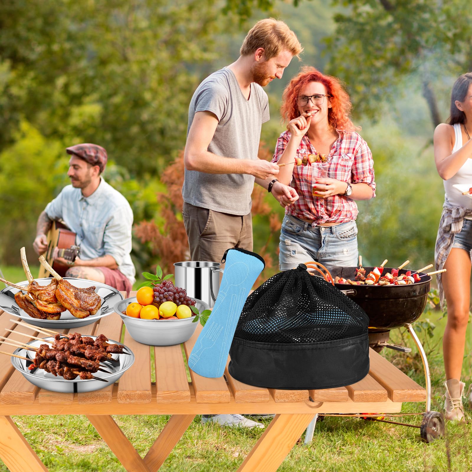 Juego de cubertería de camping, 10 unidades, acero inoxidable, con plato, cuenco, taza, tenedor, cuchara y bolsa para cubiertos, bolsa de almacenamiento, ligera para camping, senderismo y picnics