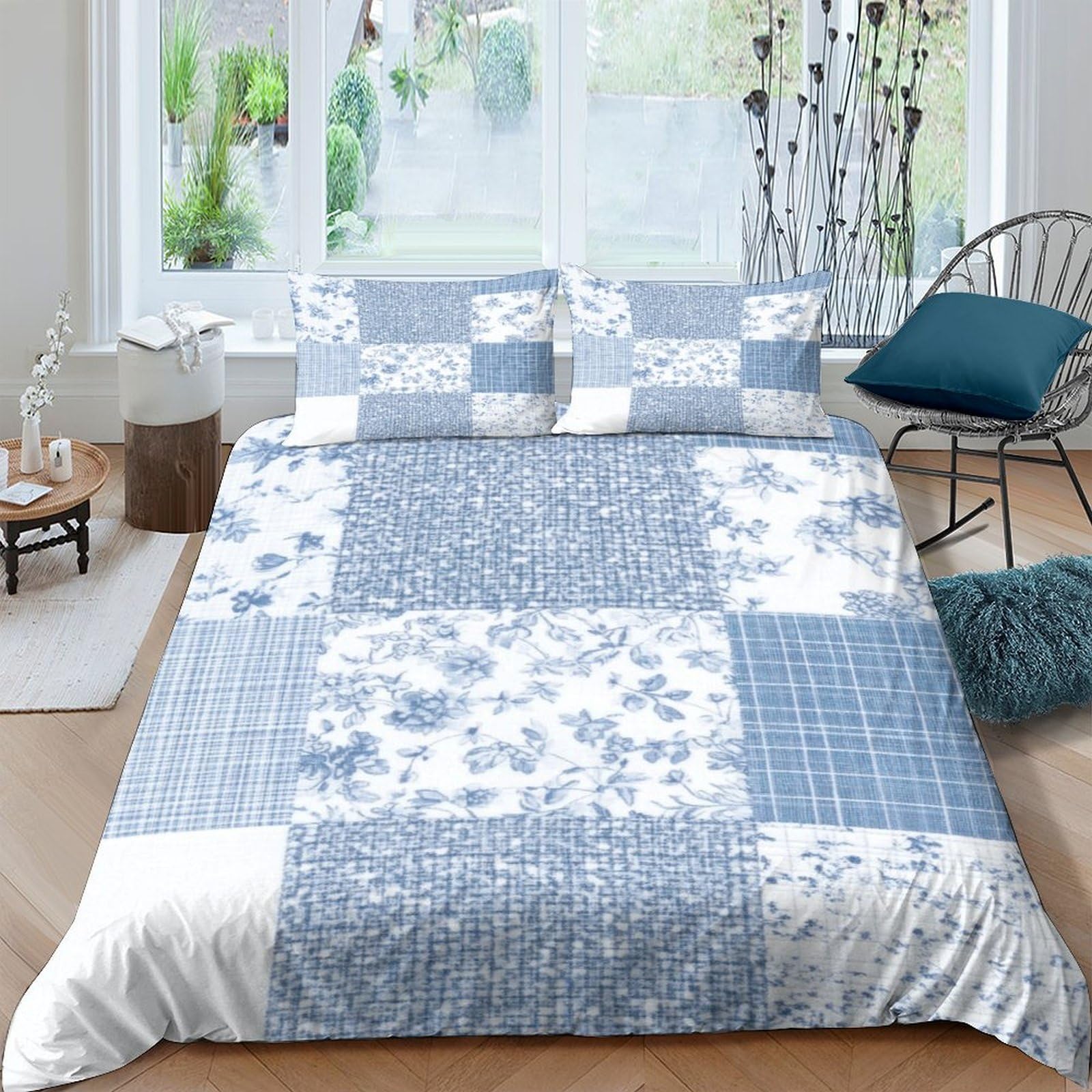 GPLZQXKJNH 3D Printed Blue Patchwork Duvet Cover Microfiber Soft Floral Plaid Bedding Set with 2 Pillowcases for Bedroom Home Single（135x200cm）