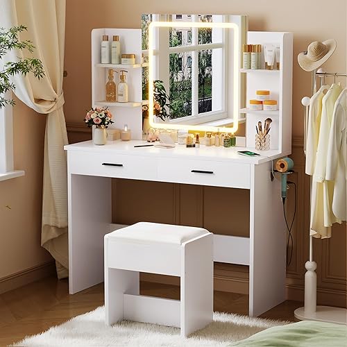 Vanity Desk with Mirror and LED Lights, Makeup Table with 2 Drawers & Storage Shelves & Power Outlet, Dressing Table with Stool for Bedroom